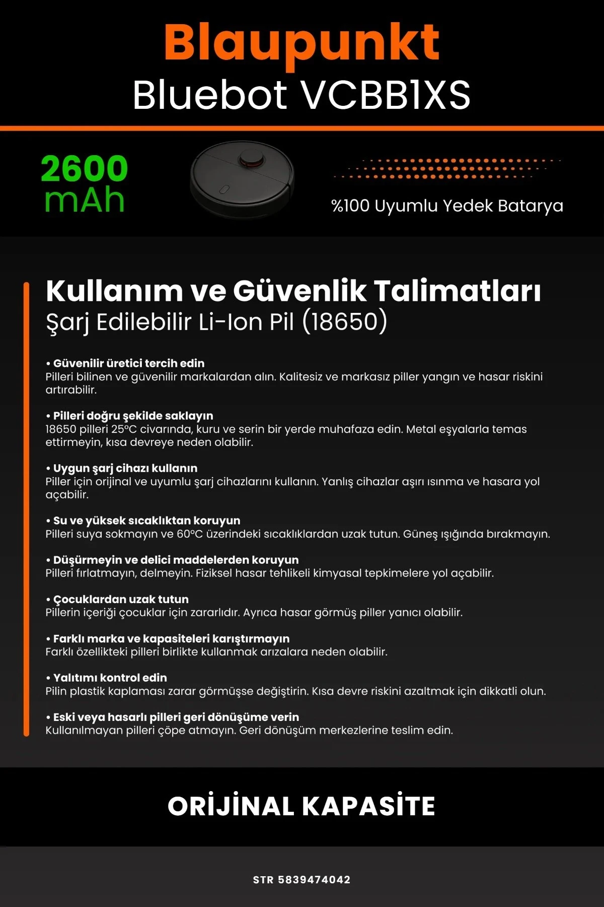 Blaupunkt BlueBot Robot Vacuum Cleaner 2600mAh Robot Süpürge Bataryası - Gerçek Kapasite, Maksimum Güvenlik