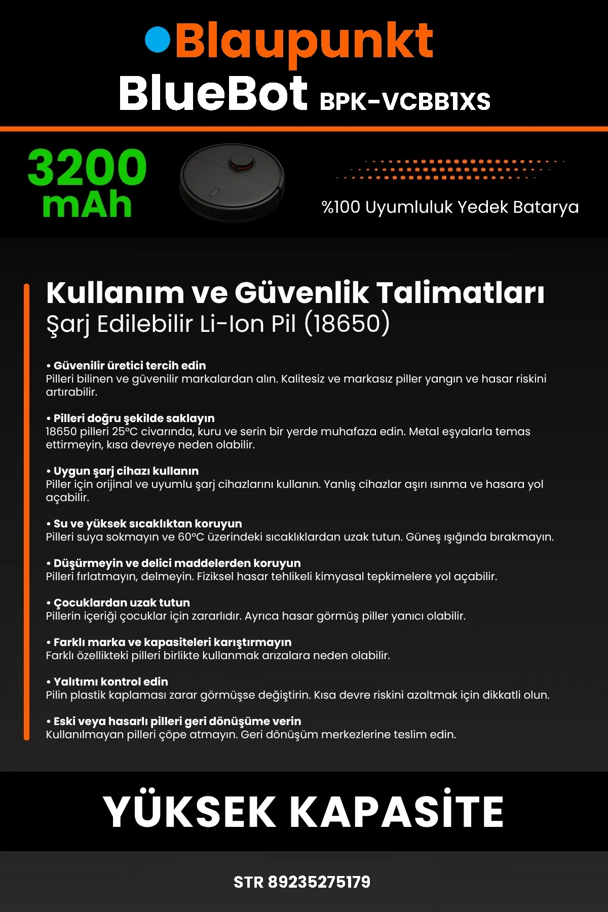 Blaupunkt BlueBot Robot Vacuum Cleaner 3200mAh Robot Süpürge Bataryası