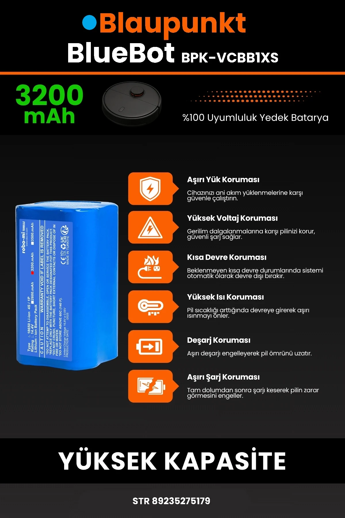 Blaupunkt BlueBot Robot Vacuum Cleaner 3200mAh Robot Süpürge Bataryası