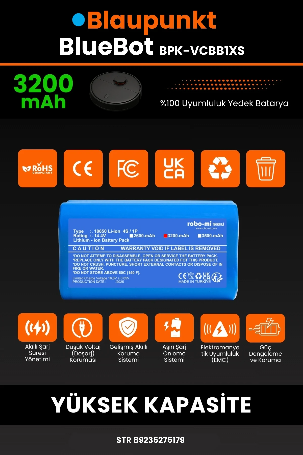 Blaupunkt BlueBot Robot Vacuum Cleaner 3200mAh Robot Süpürge Bataryası