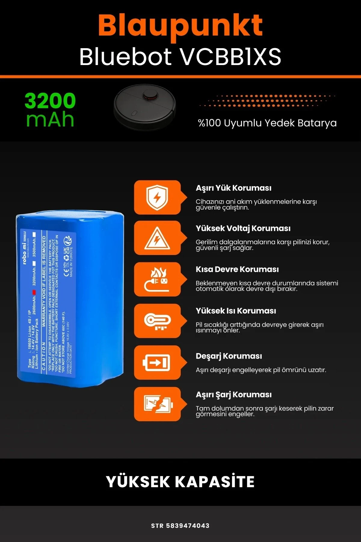 Blaupunkt BlueBot Robot Vacuum Cleaner 3200mAh Robot Süpürge Bataryası - Gerçek Kapasite, Maksimum Güvenlik