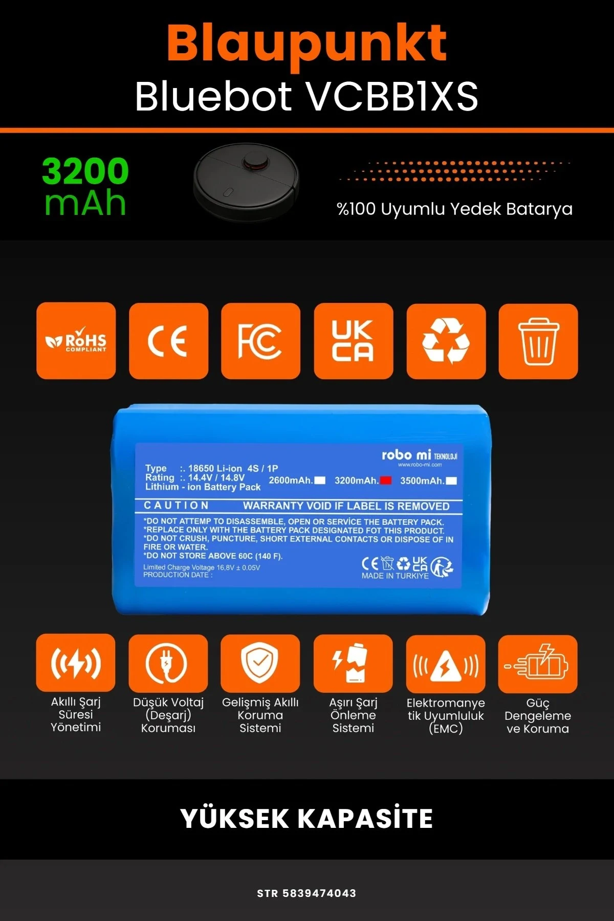 Blaupunkt BlueBot Robot Vacuum Cleaner 3200mAh Robot Süpürge Bataryası - Gerçek Kapasite, Maksimum Güvenlik