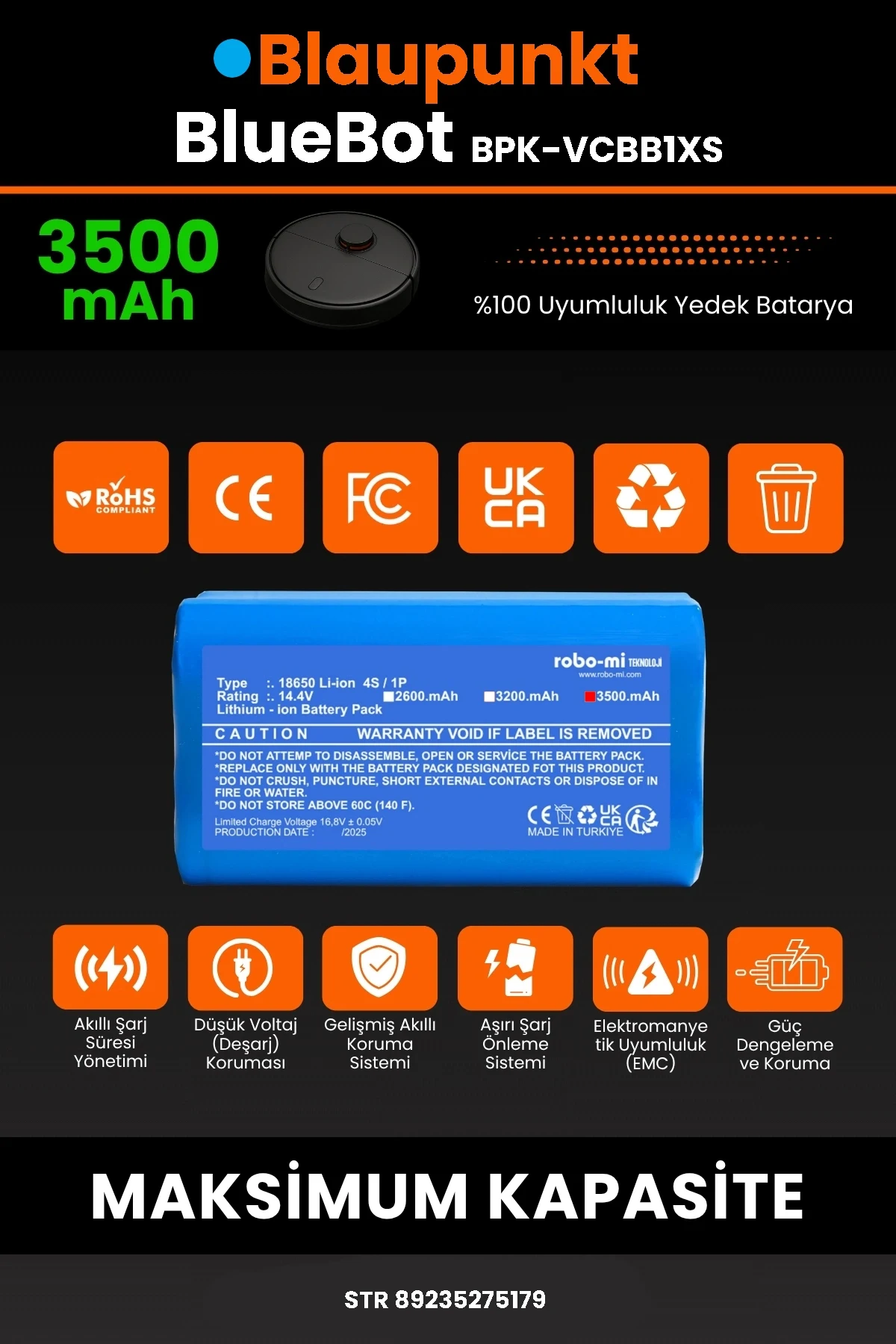 Blaupunkt BlueBot Robot Vacuum Cleaner 3500mAh Robot Süpürge Bataryası