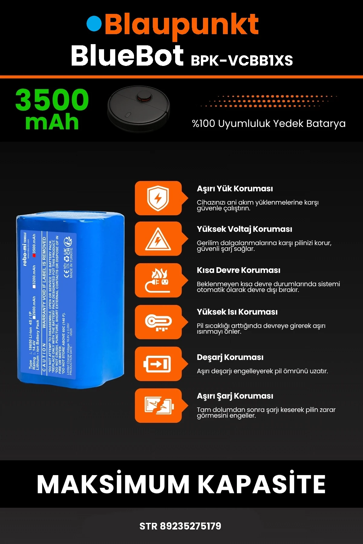 Blaupunkt BlueBot Robot Vacuum Cleaner 3500mAh Robot Süpürge Bataryası