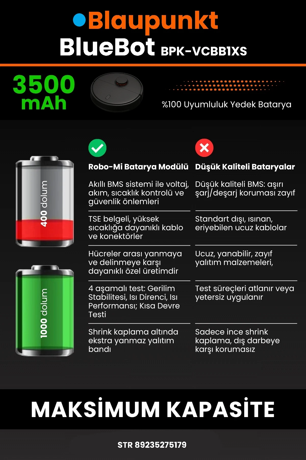 Blaupunkt BlueBot Robot Vacuum Cleaner 3500mAh Robot Süpürge Bataryası