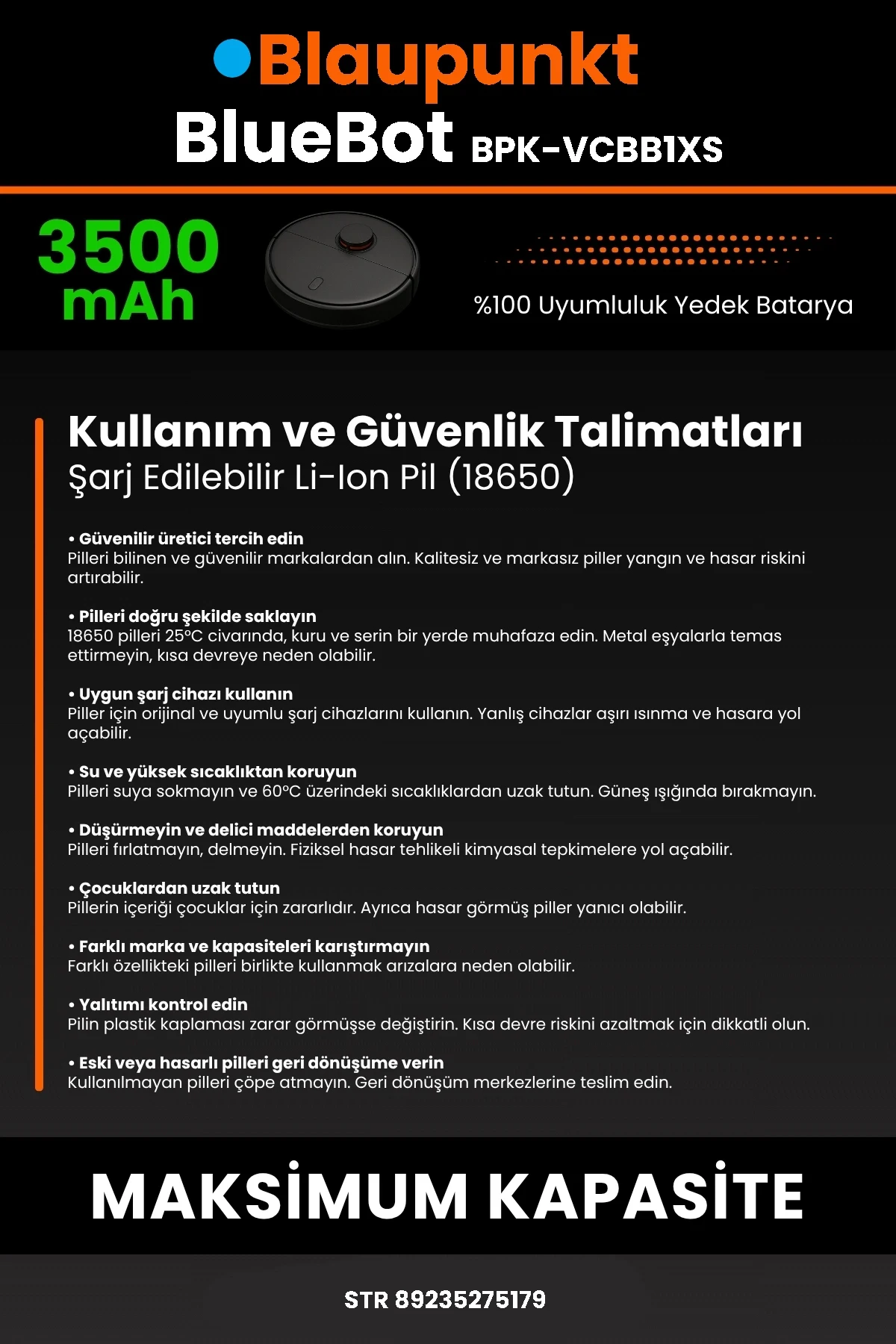 Blaupunkt BlueBot Robot Vacuum Cleaner 3500mAh Robot Süpürge Bataryası