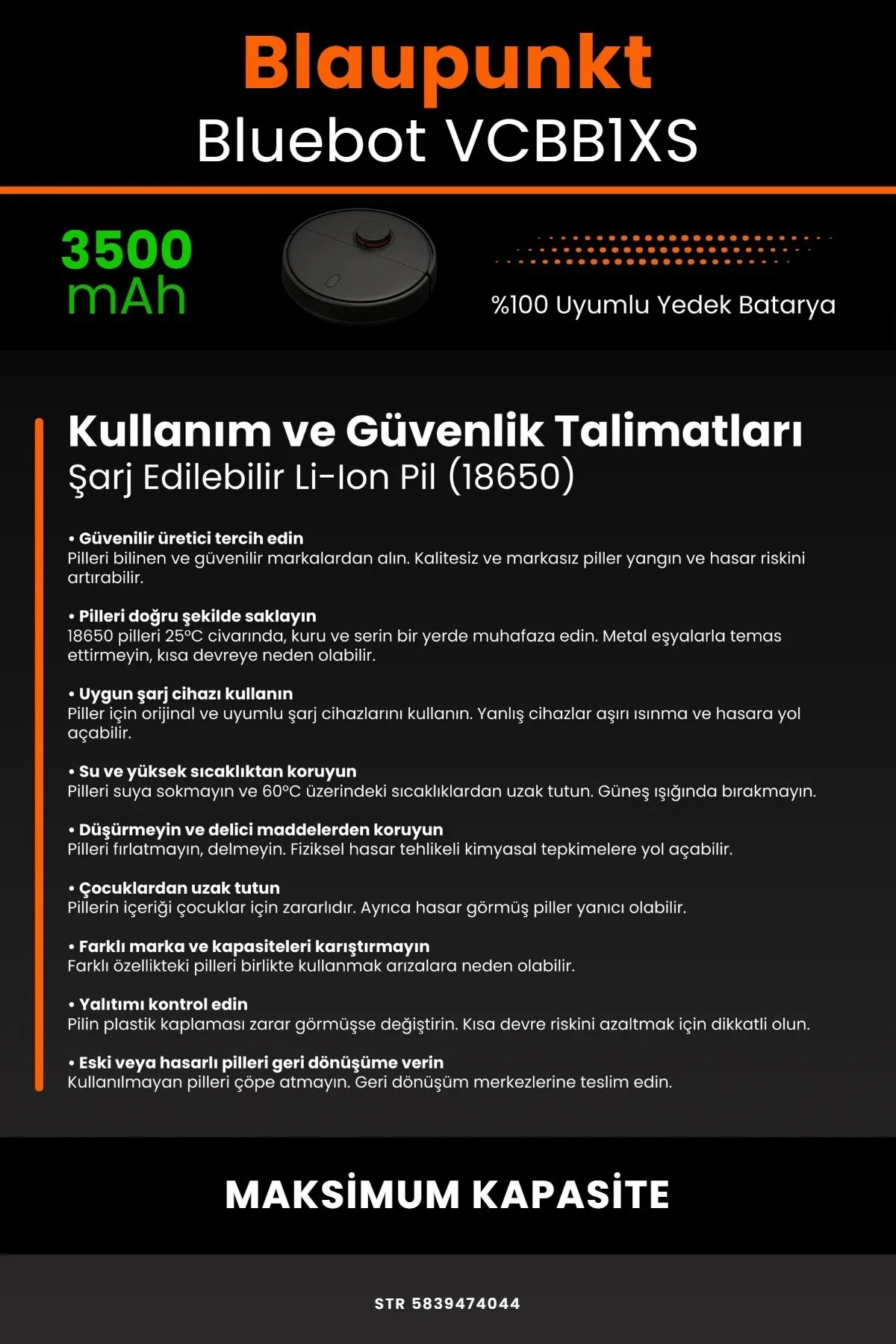 Blaupunkt BlueBot Robot Vacuum Cleaner 3500mAh Robot Süpürge Bataryası - Gerçek Kapasite, Maksimum Güvenlik