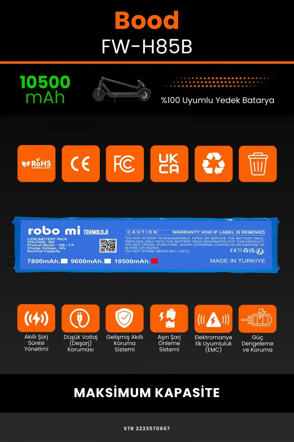 Bood FW-H85B / 36V 10500mAh Elektrikli Scooter Bataryası - Gerçek Kapasite, Maksimum Güvenlik