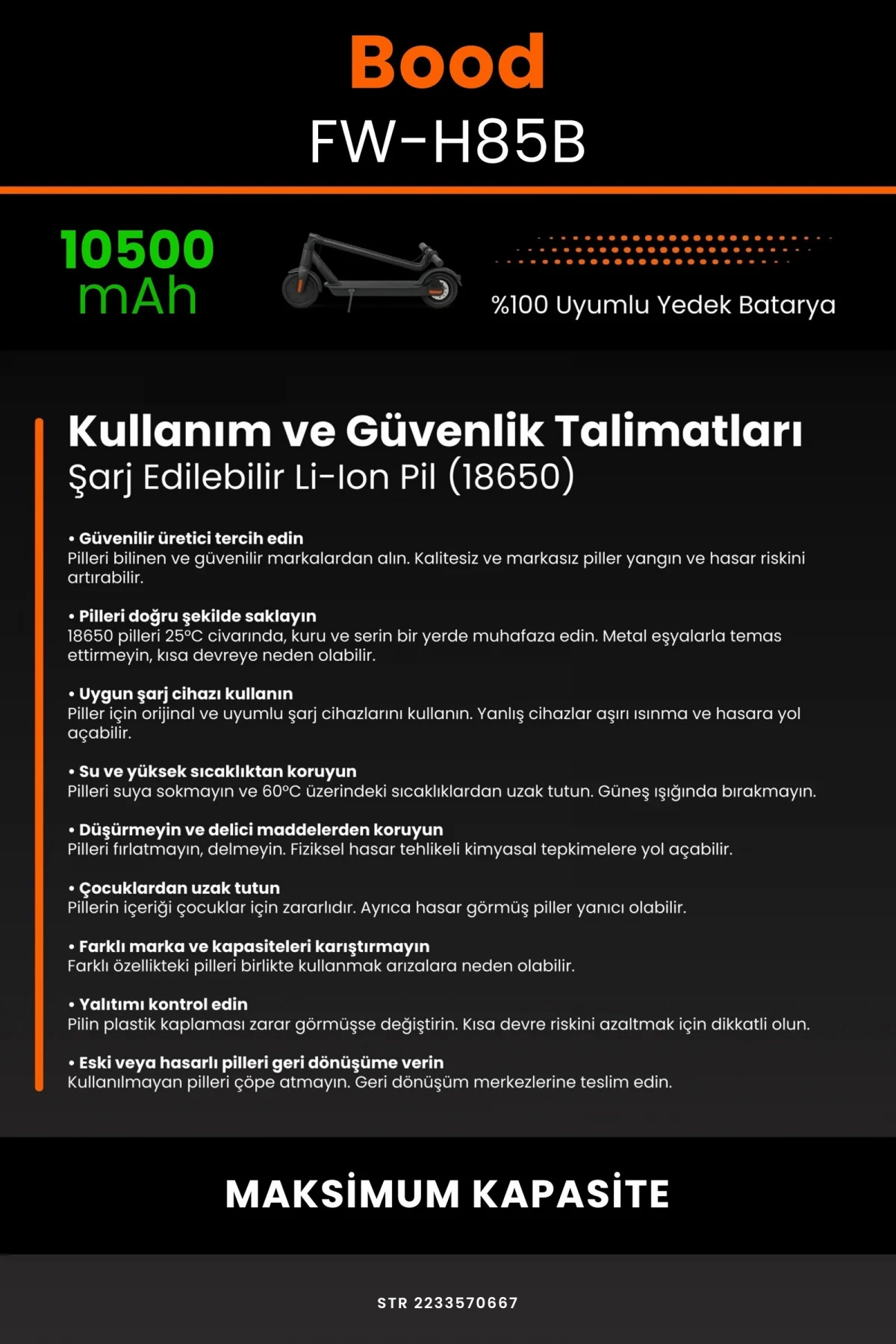 Bood FW-H85B / 36V 10500mAh Elektrikli Scooter Bataryası - Gerçek Kapasite, Maksimum Güvenlik
