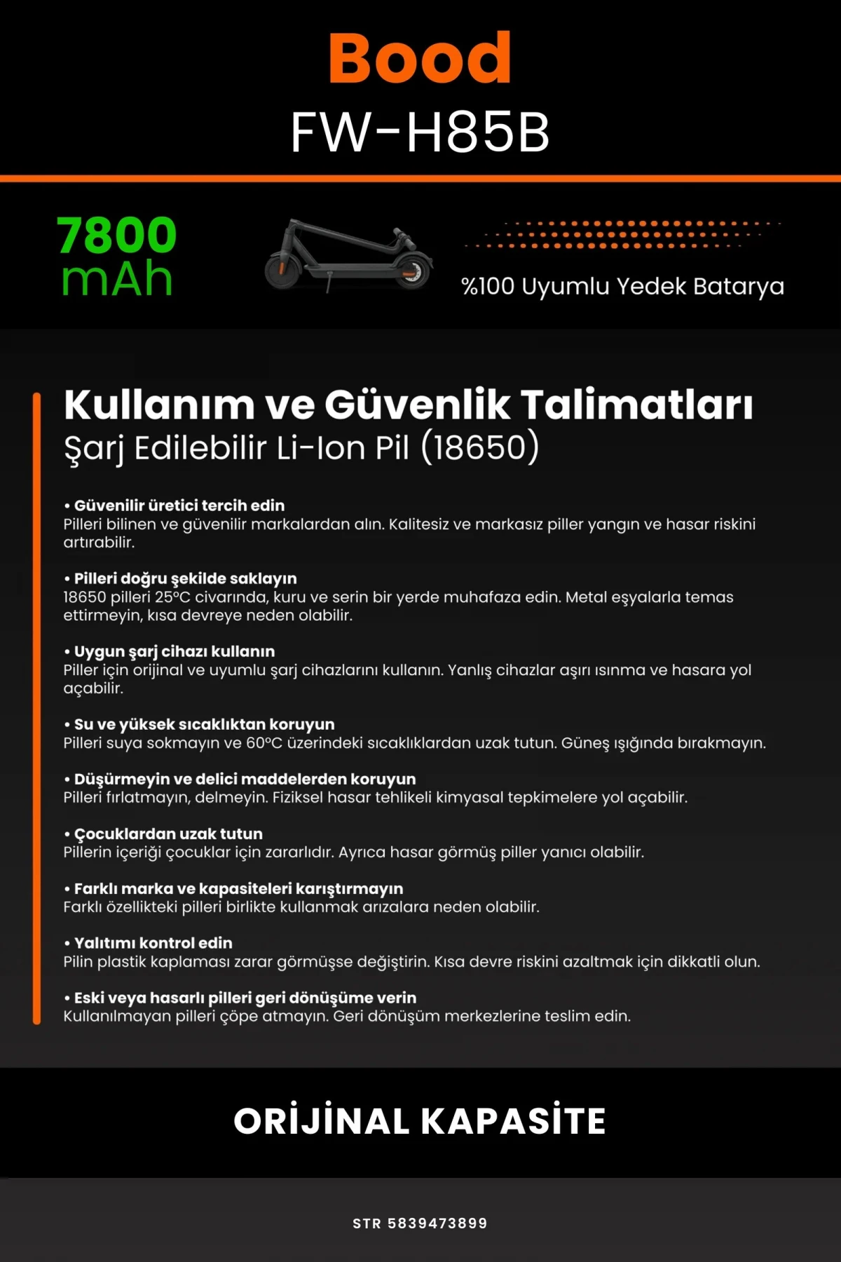 Bood FW-H85B / 36V 7800mAh Elektrikli Scooter Bataryası - Gerçek Kapasite, Maksimum Güvenlik