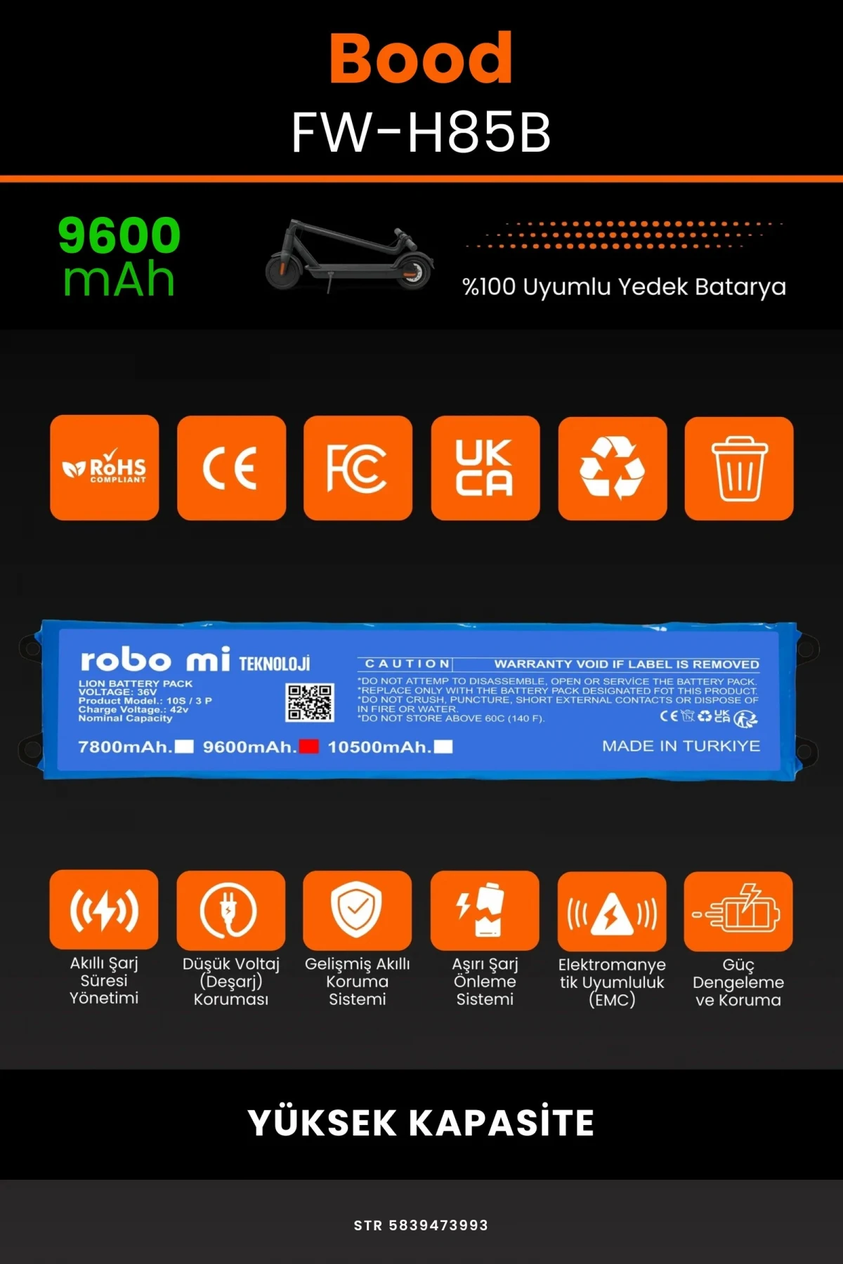 Bood FW-H85B / 36V 9600mAh Elektrikli Scooter Bataryası - Gerçek Kapasite, Maksimum Güvenlik