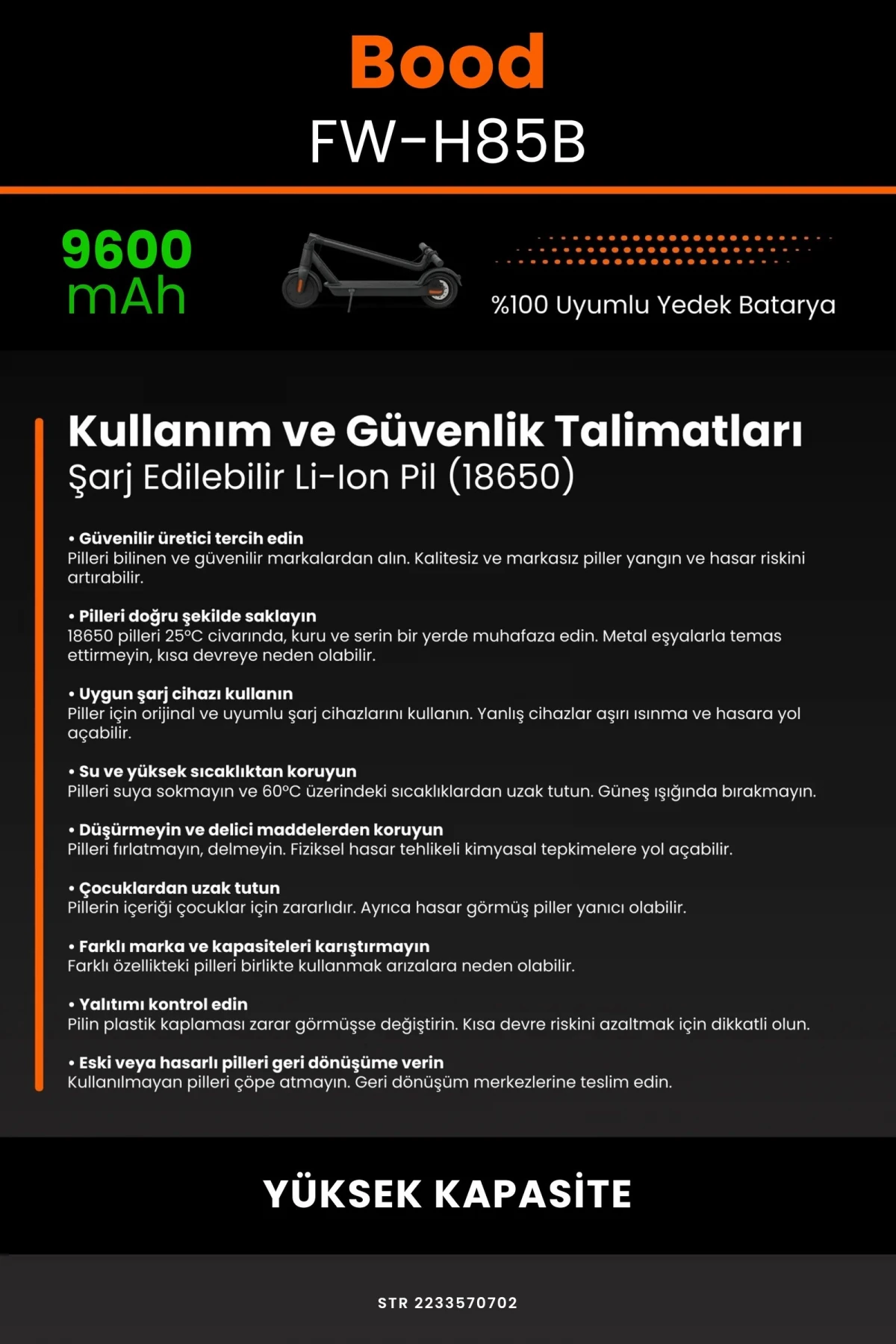 Bood FW-H85B / 36V 9600mAh Elektrikli Scooter Bataryası - Gerçek Kapasite, Maksimum Güvenlik