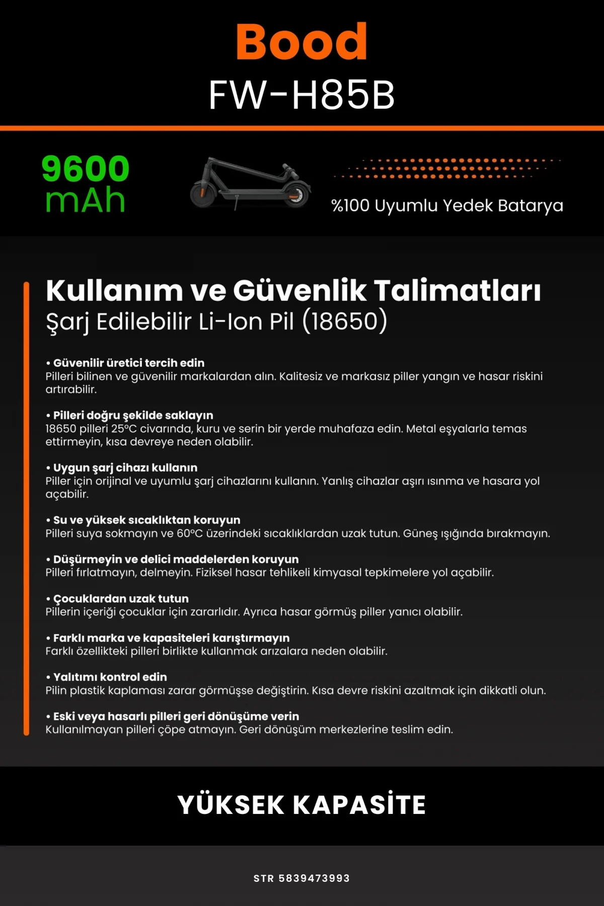 Bood FW-H85B / 36V 9600mAh Elektrikli Scooter Bataryası - Gerçek Kapasite, Maksimum Güvenlik