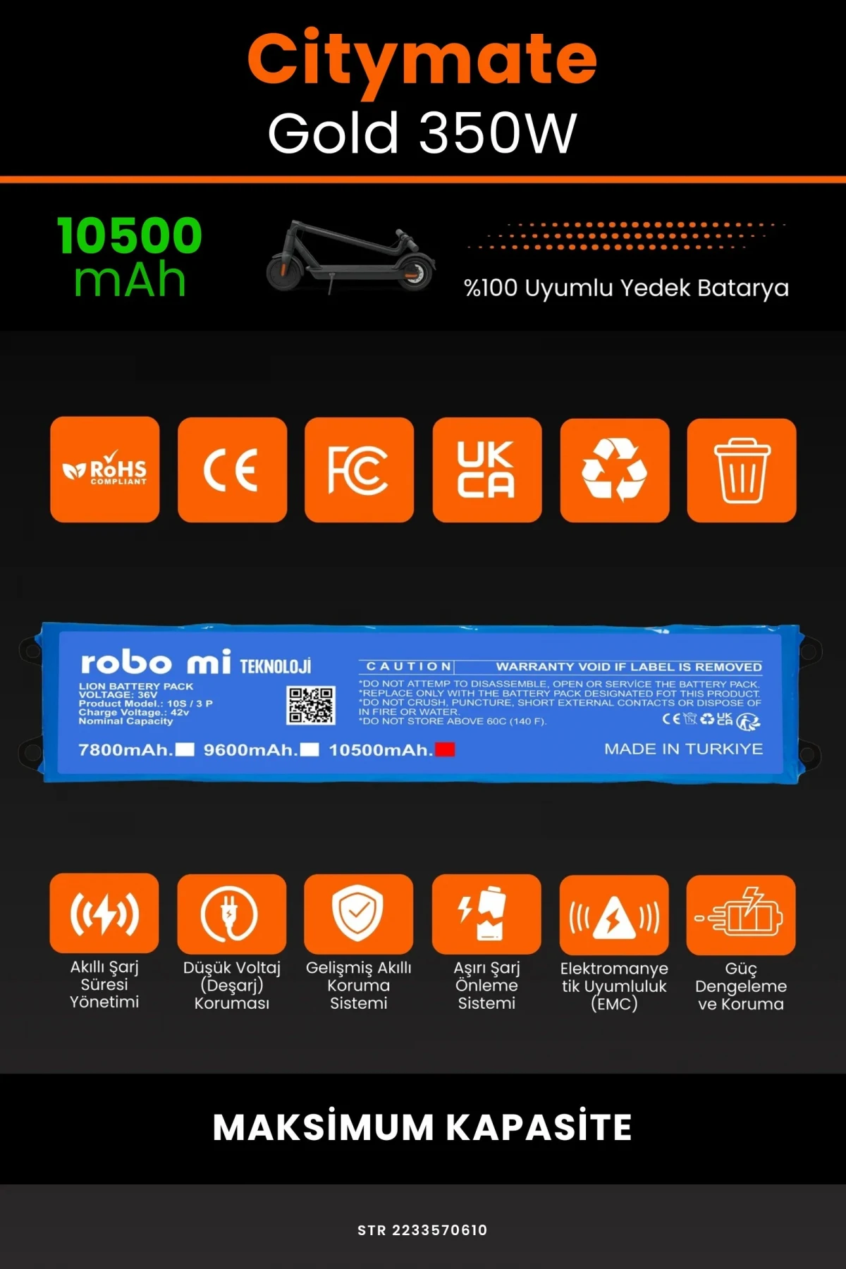 Citymate Gold 350W / 36V 10500mAh Elektrikli Scooter Bataryası - Gerçek Kapasite, Maksimum Güvenlik