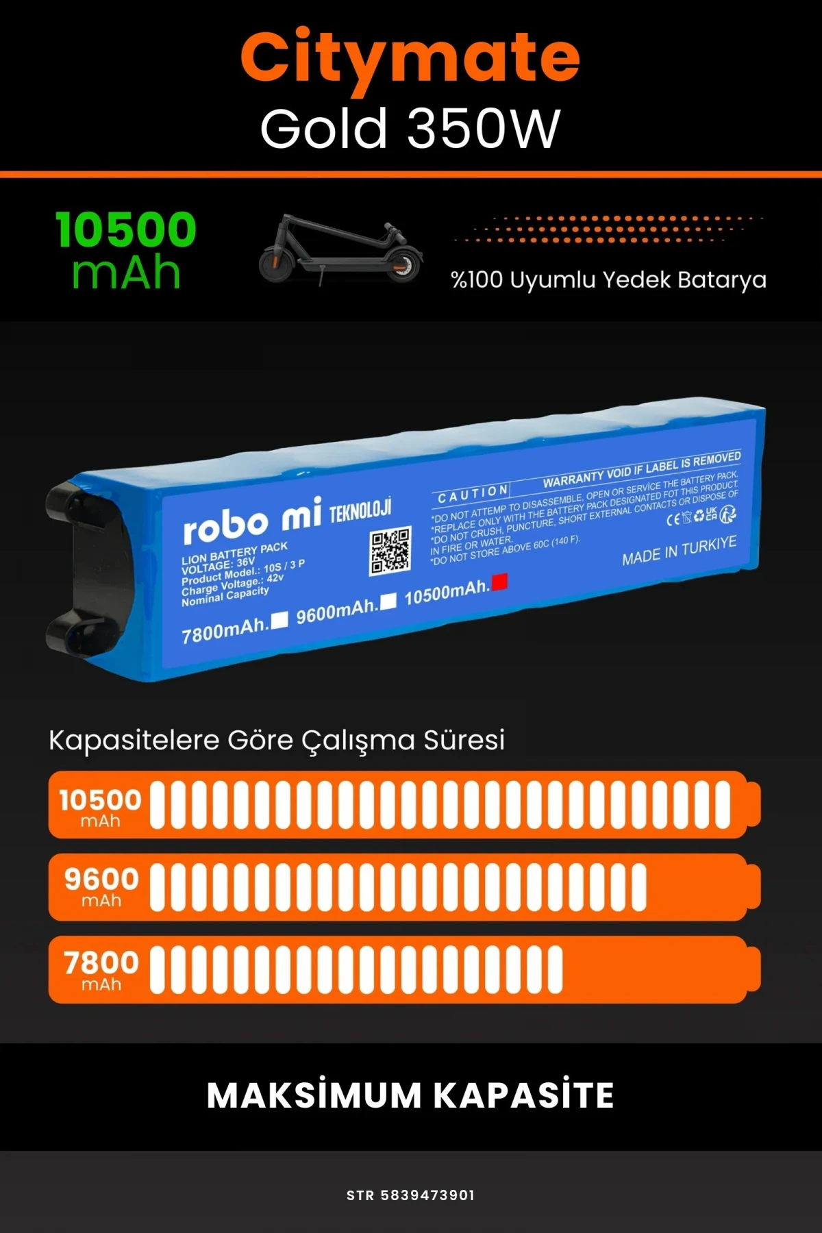 Citymate Gold 350W / 36V 10500mAh Elektrikli Scooter Bataryası - Gerçek Kapasite, Maksimum Güvenlik