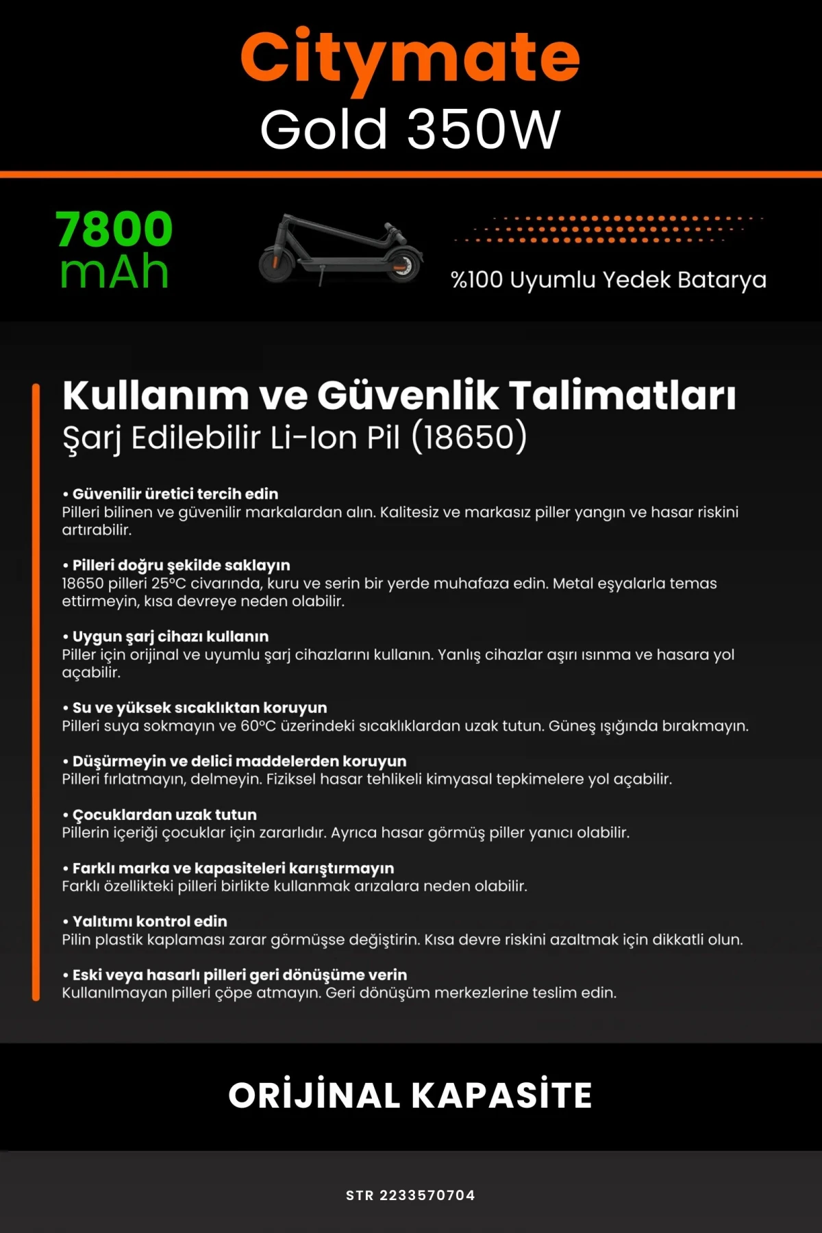 Citymate Gold 350W / 36V 7800mAh Elektrikli Scooter Bataryası - Gerçek Kapasite, Maksimum Güvenlik