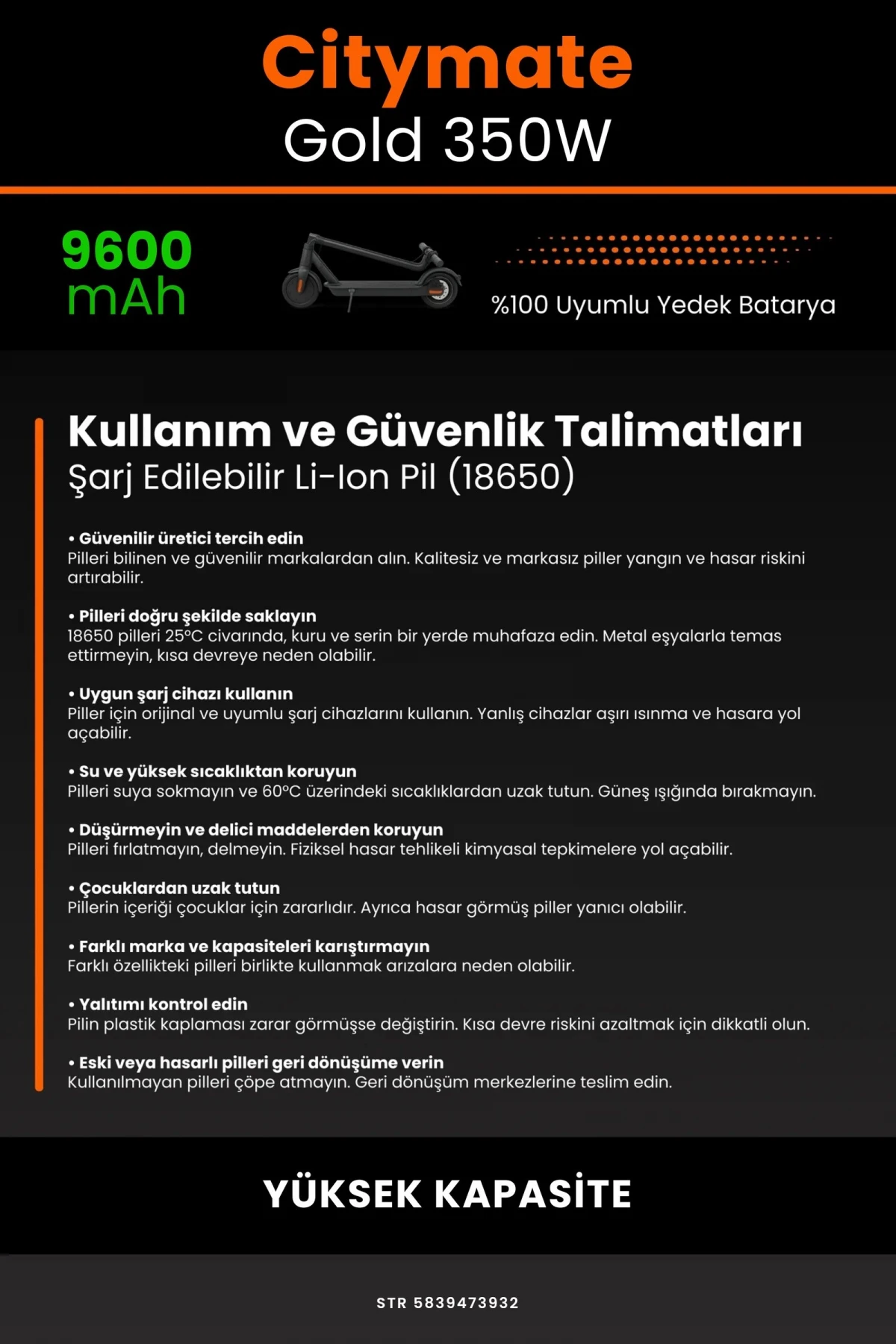 Citymate Gold 350W / 36V 9600mAh Elektrikli Scooter Bataryası - Gerçek Kapasite, Maksimum Güvenlik