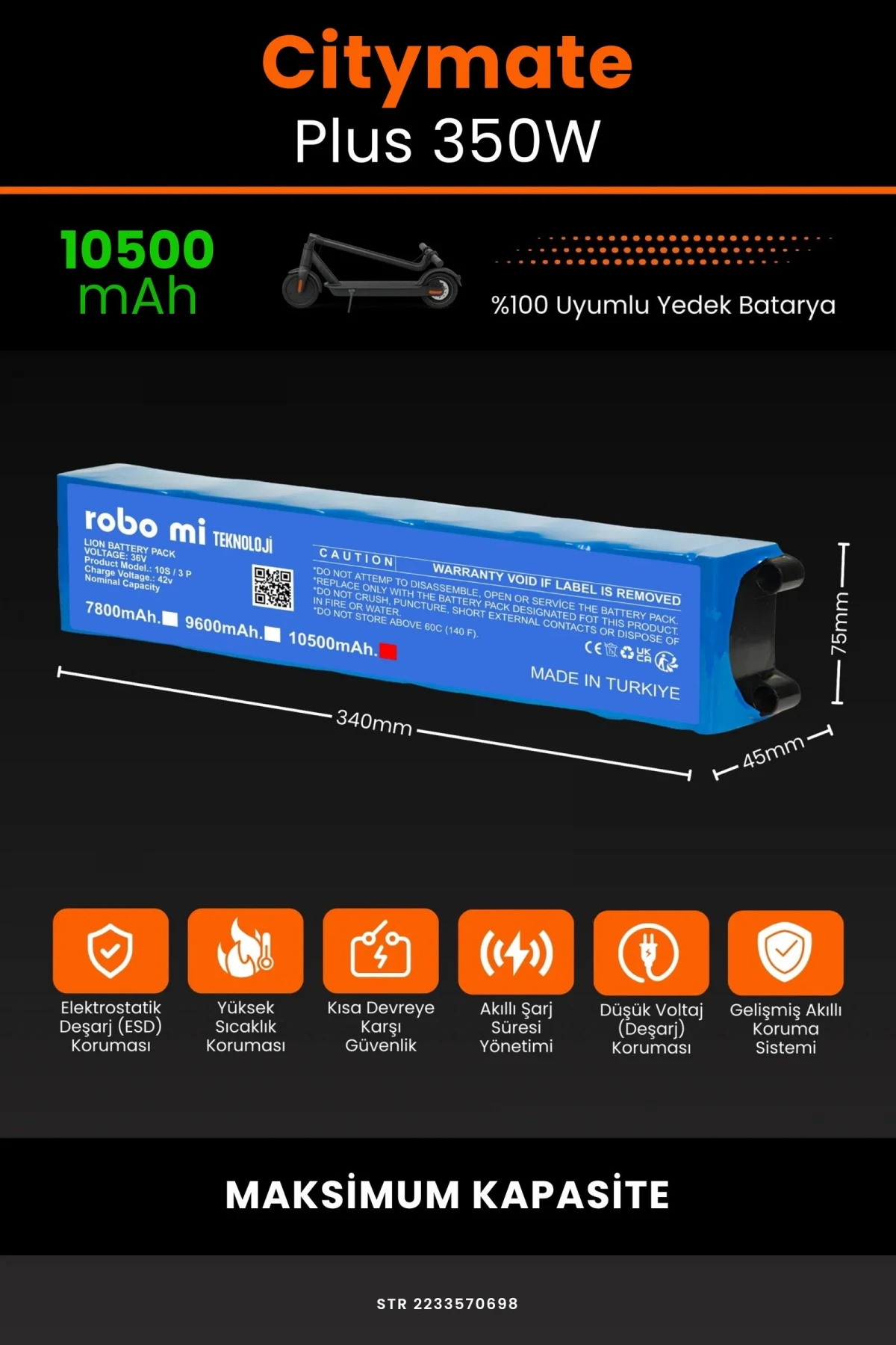 Citymate Plus 350W / 36V 10500mAh Elektrikli Scooter Bataryası - Gerçek Kapasite, Maksimum Güvenlik
