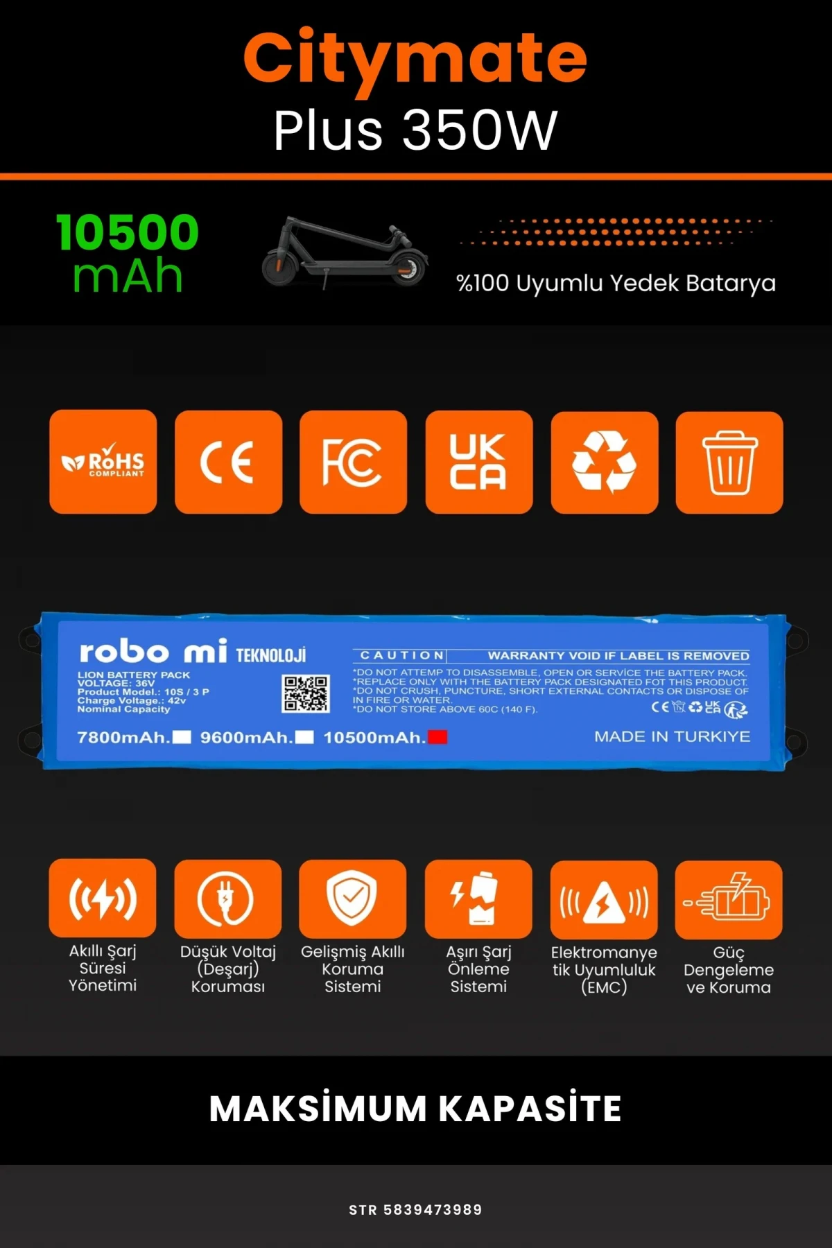 Citymate Plus 350W / 36V 10500mAh Elektrikli Scooter Bataryası - Gerçek Kapasite, Maksimum Güvenlik