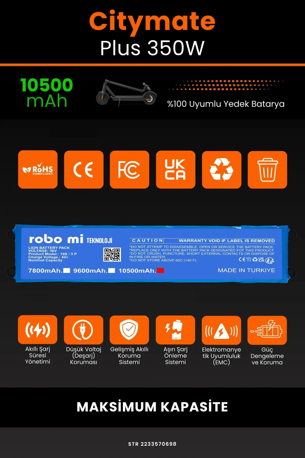 Citymate Plus 350W / 36V 10500mAh Elektrikli Scooter Bataryası - Gerçek Kapasite, Maksimum Güvenlik