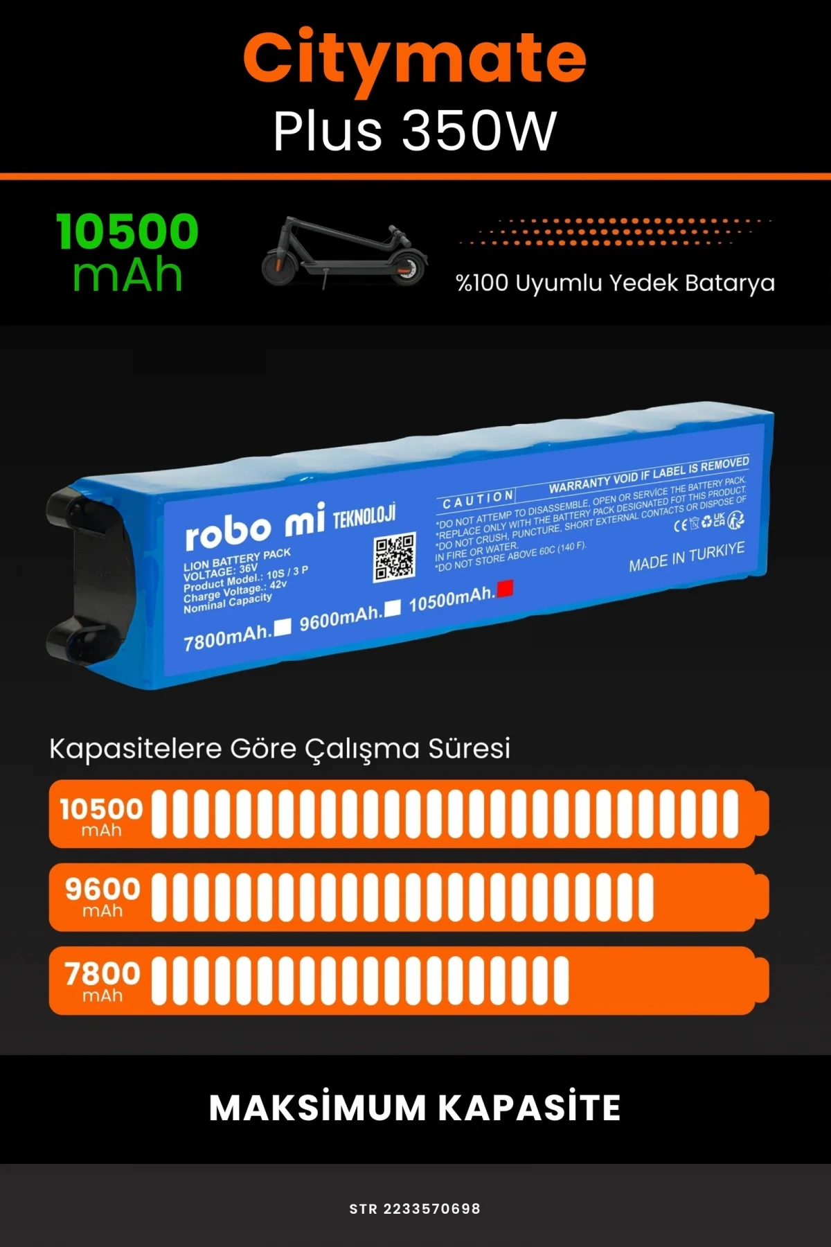 Citymate Plus 350W / 36V 10500mAh Elektrikli Scooter Bataryası - Gerçek Kapasite, Maksimum Güvenlik