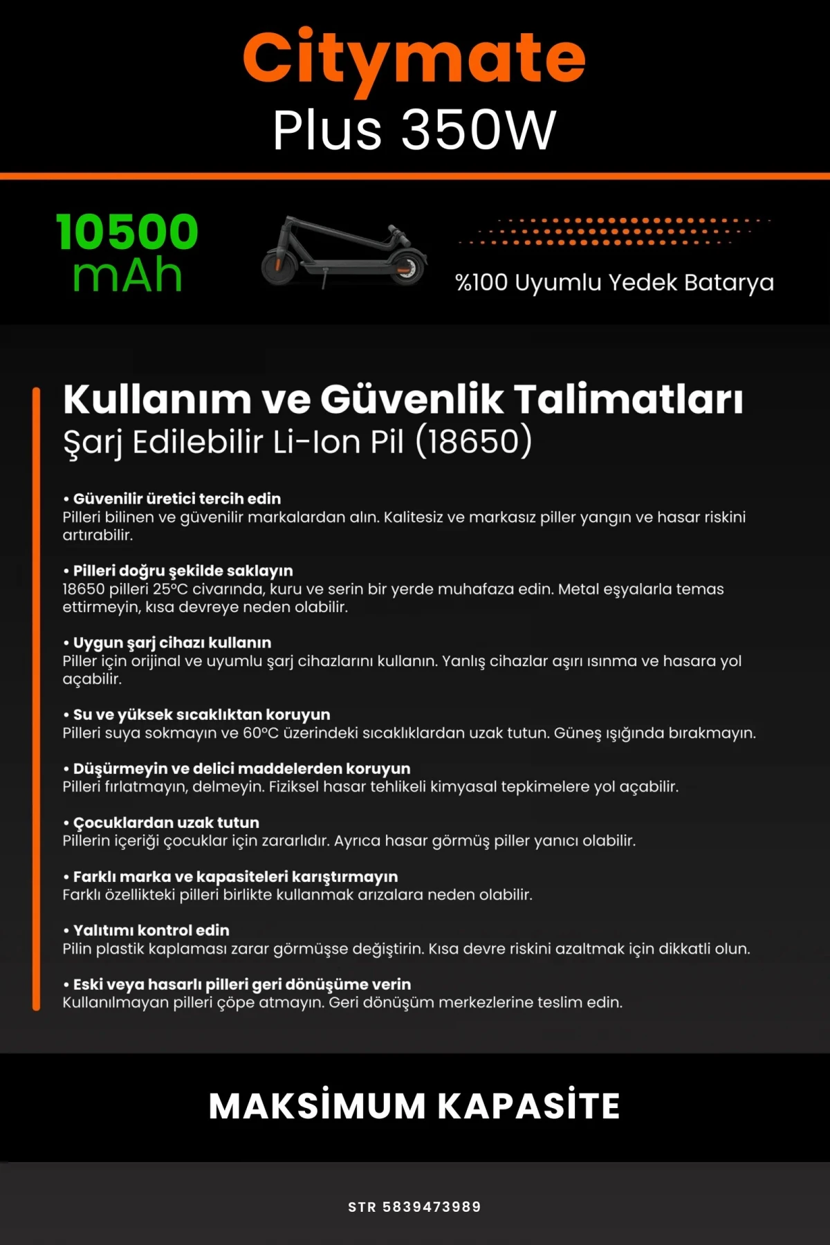 Citymate Plus 350W / 36V 10500mAh Elektrikli Scooter Bataryası - Gerçek Kapasite, Maksimum Güvenlik