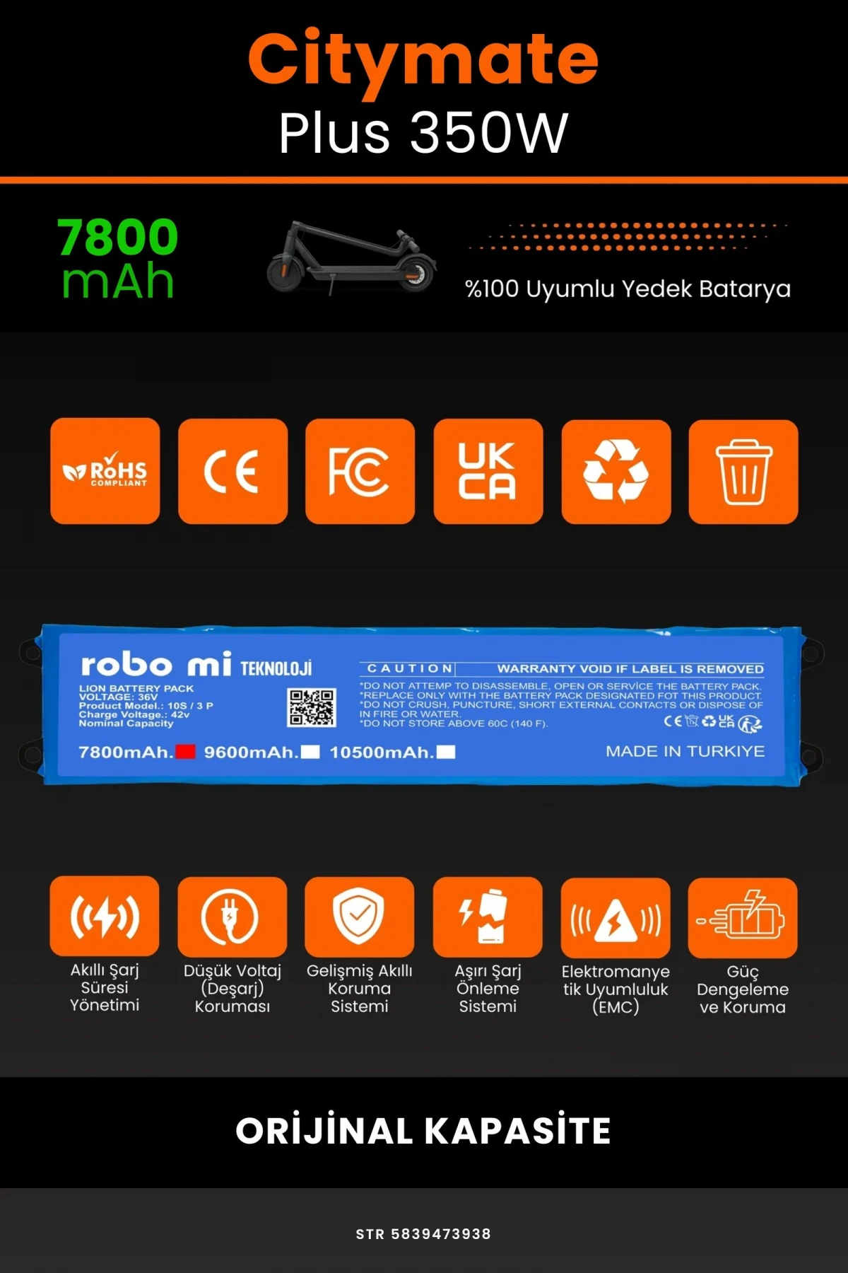 Citymate Plus 350W / 36V 7800mAh Elektrikli Scooter Bataryası - Gerçek Kapasite, Maksimum Güvenlik