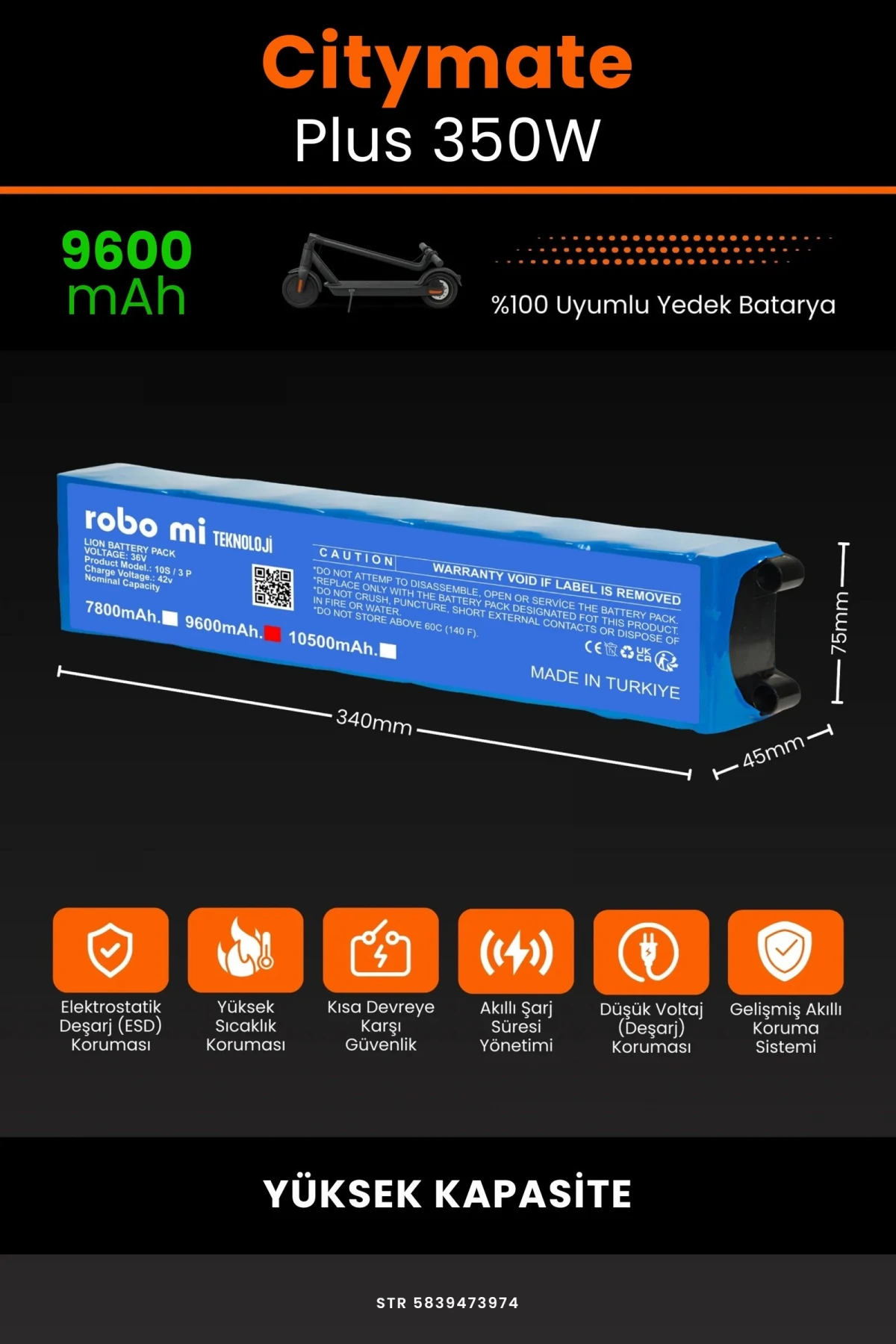 Citymate Plus 350W / 36V 9600mAh Elektrikli Scooter Bataryası - Gerçek Kapasite, Maksimum Güvenlik