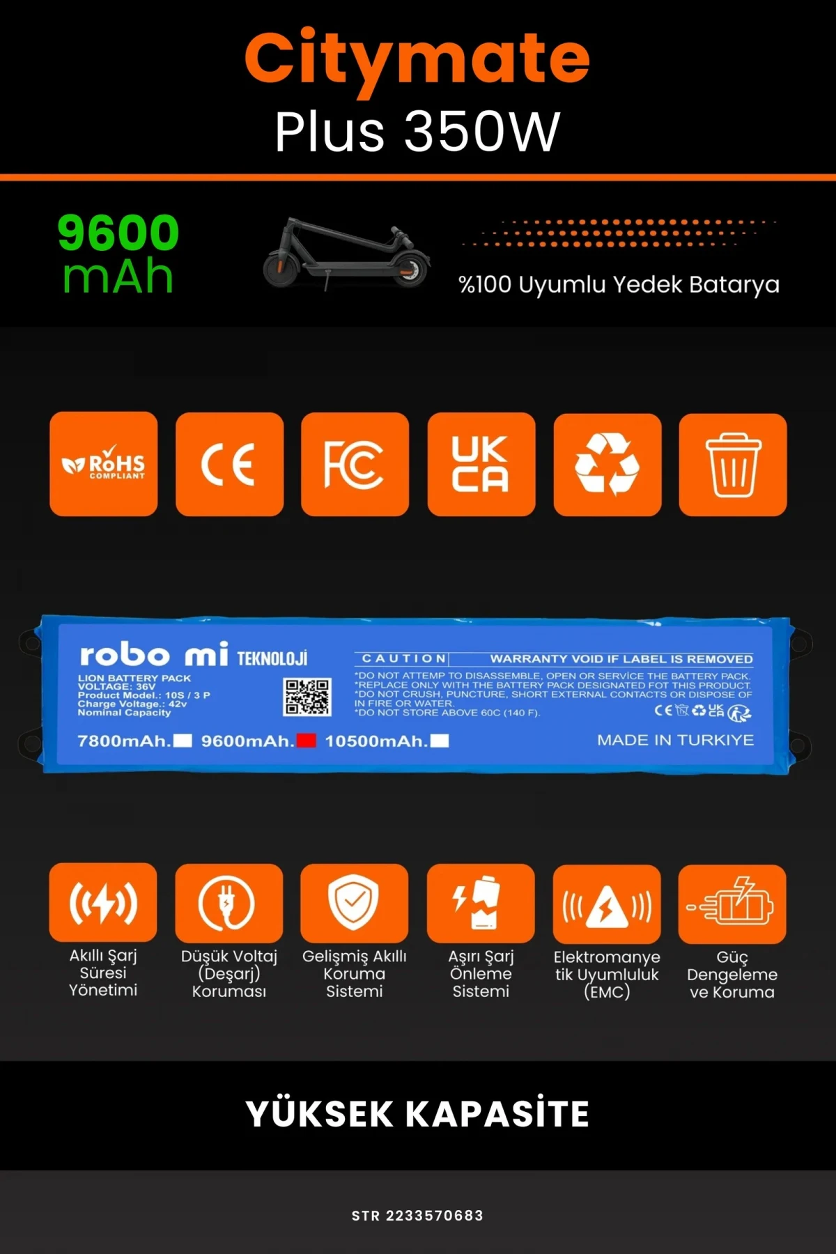 Citymate Plus 350W / 36V 9600mAh Elektrikli Scooter Bataryası - Gerçek Kapasite, Maksimum Güvenlik