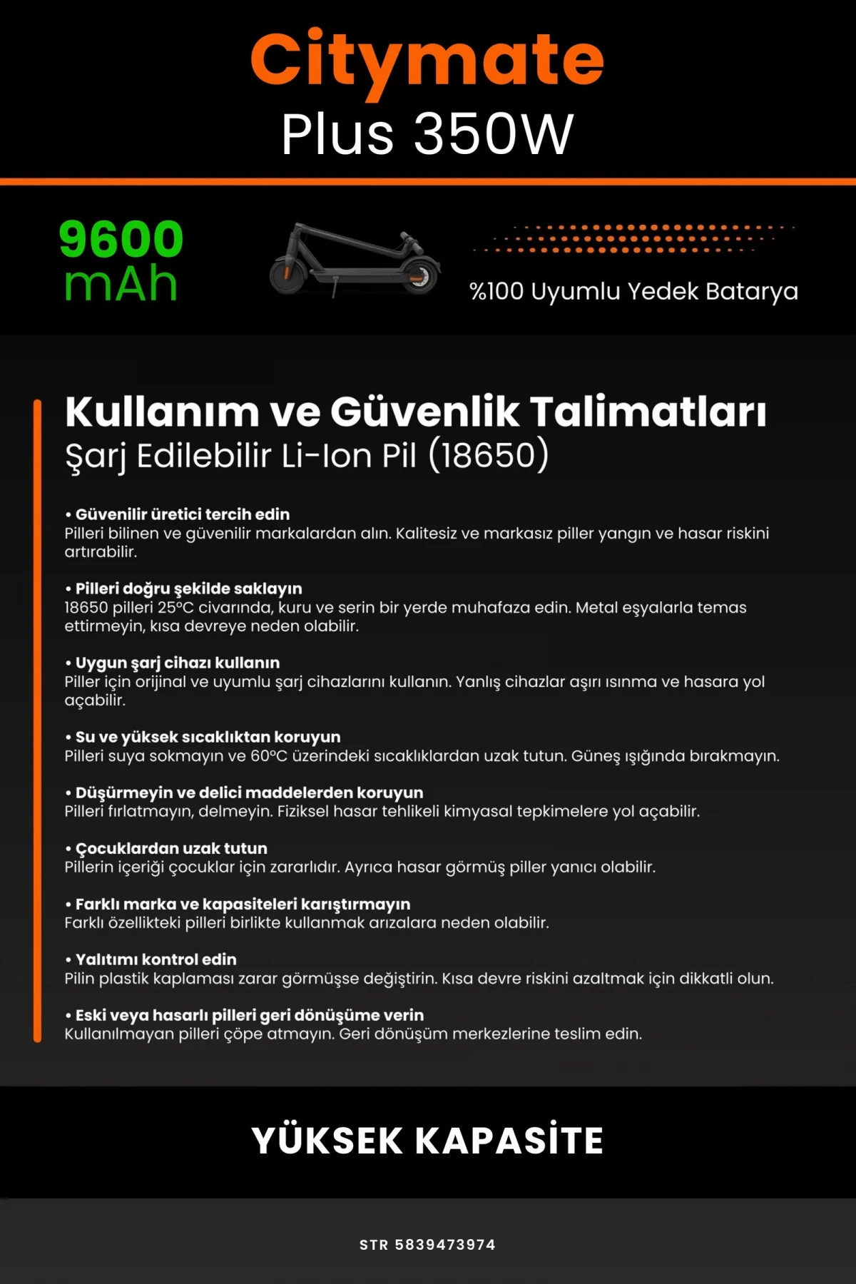 Citymate Plus 350W / 36V 9600mAh Elektrikli Scooter Bataryası - Gerçek Kapasite, Maksimum Güvenlik