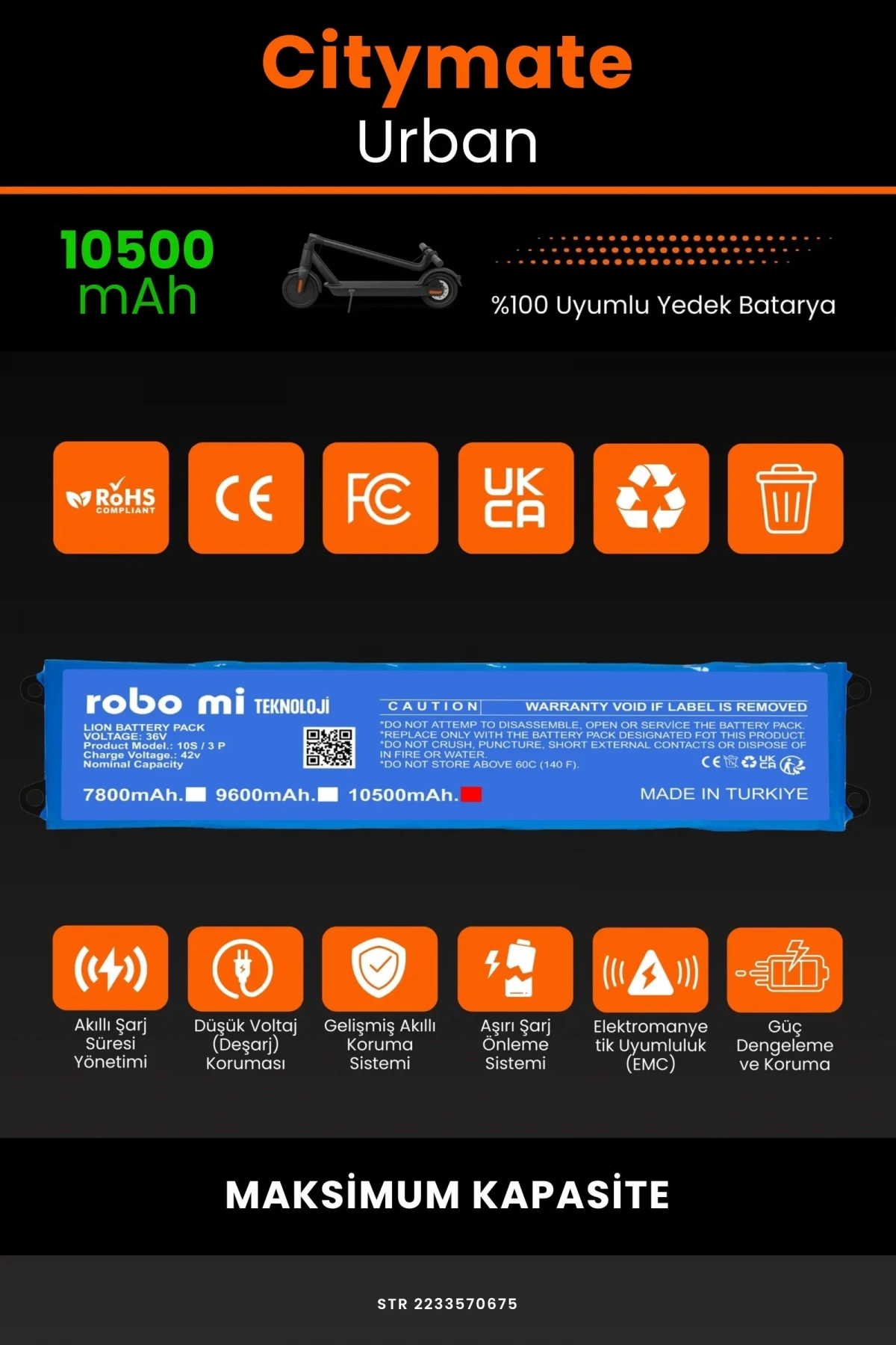 Citymate Urban / 36V 10500mAh Elektrikli Scooter Bataryası - Gerçek Kapasite, Maksimum Güvenlik
