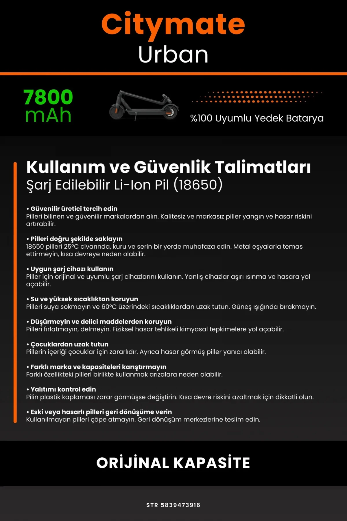 Citymate Urban / 36V 7800mAh Elektrikli Scooter Bataryası - Gerçek Kapasite, Maksimum Güvenlik