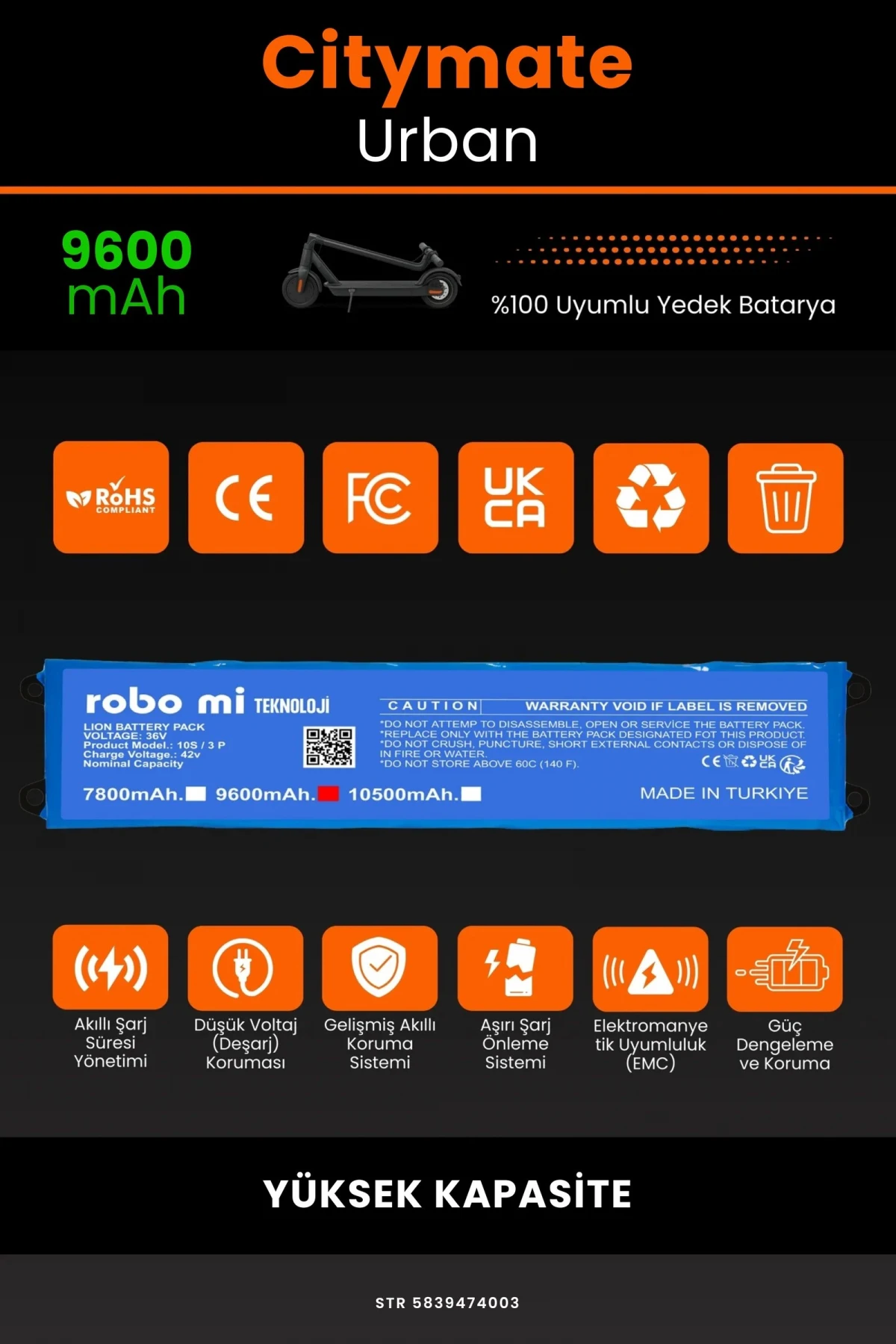 Citymate Urban / 36V 9600mAh Elektrikli Scooter Bataryası - Gerçek Kapasite, Maksimum Güvenlik