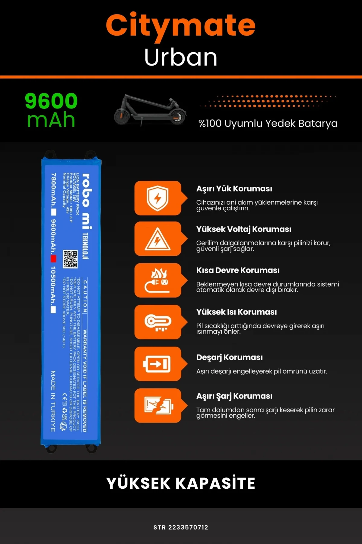 Citymate Urban / 36V 9600mAh Elektrikli Scooter Bataryası - Gerçek Kapasite, Maksimum Güvenlik