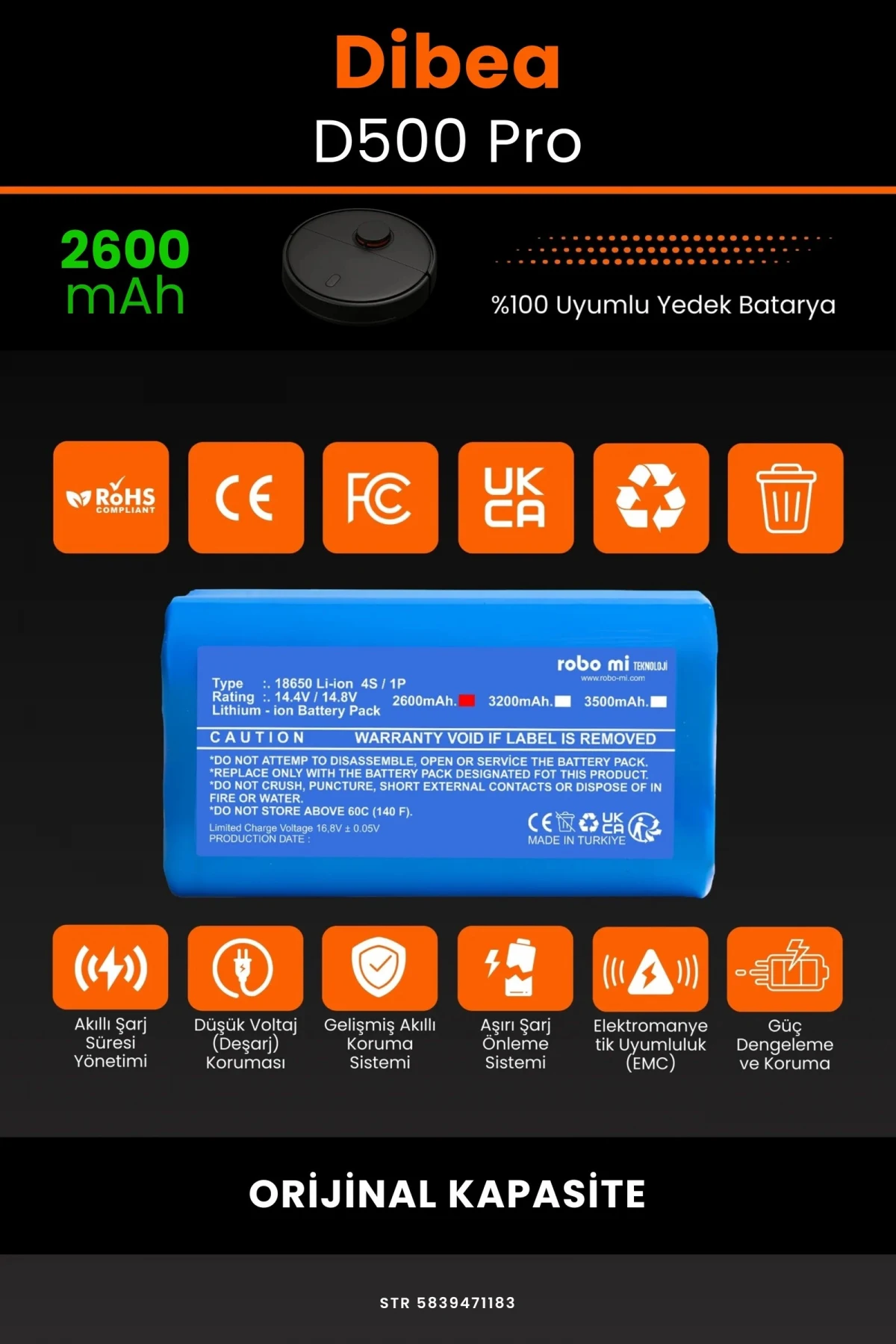 Dibea D500 Pro 2600mAh Robot Süpürge Bataryası - Gerçek Kapasite, Maksimum Güvenlik