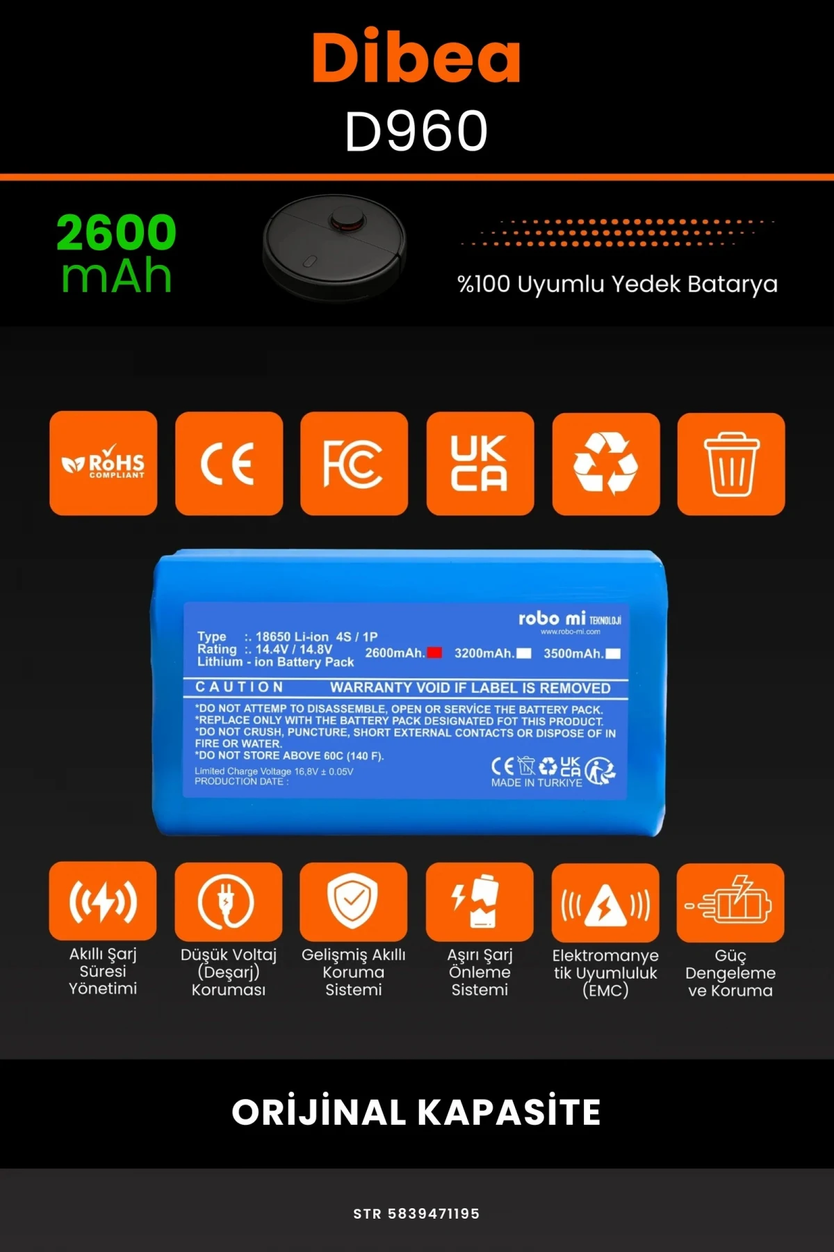 Dibea D960 2600mAh Robot Süpürge Bataryası - Gerçek Kapasite, Maksimum Güvenlik