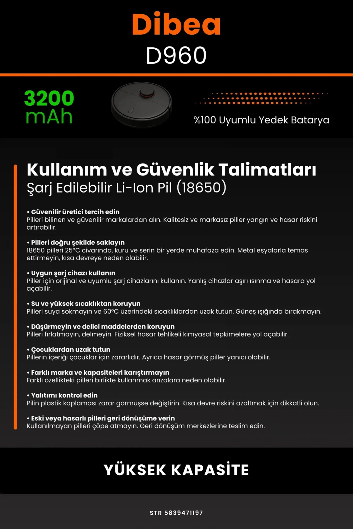 Dibea D960 3200mAh Robot Süpürge Bataryası - Gerçek Kapasite, Maksimum Güvenlik