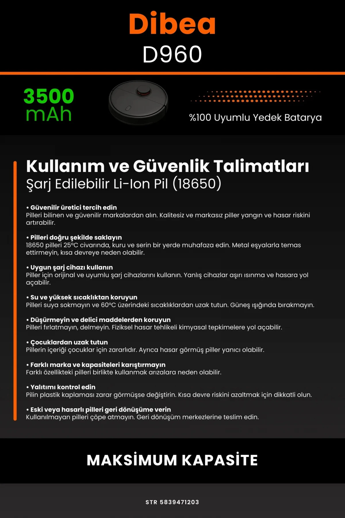 Dibea D960 3500mAh Robot Süpürge Bataryası - Gerçek Kapasite, Maksimum Güvenlik