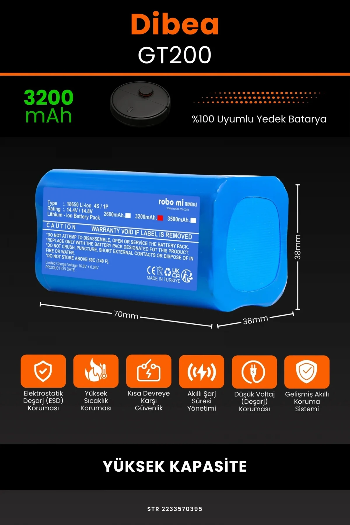 Dibea GT200 3200mAh Robot Süpürge Bataryası - Gerçek Kapasite, Maksimum Güvenlik