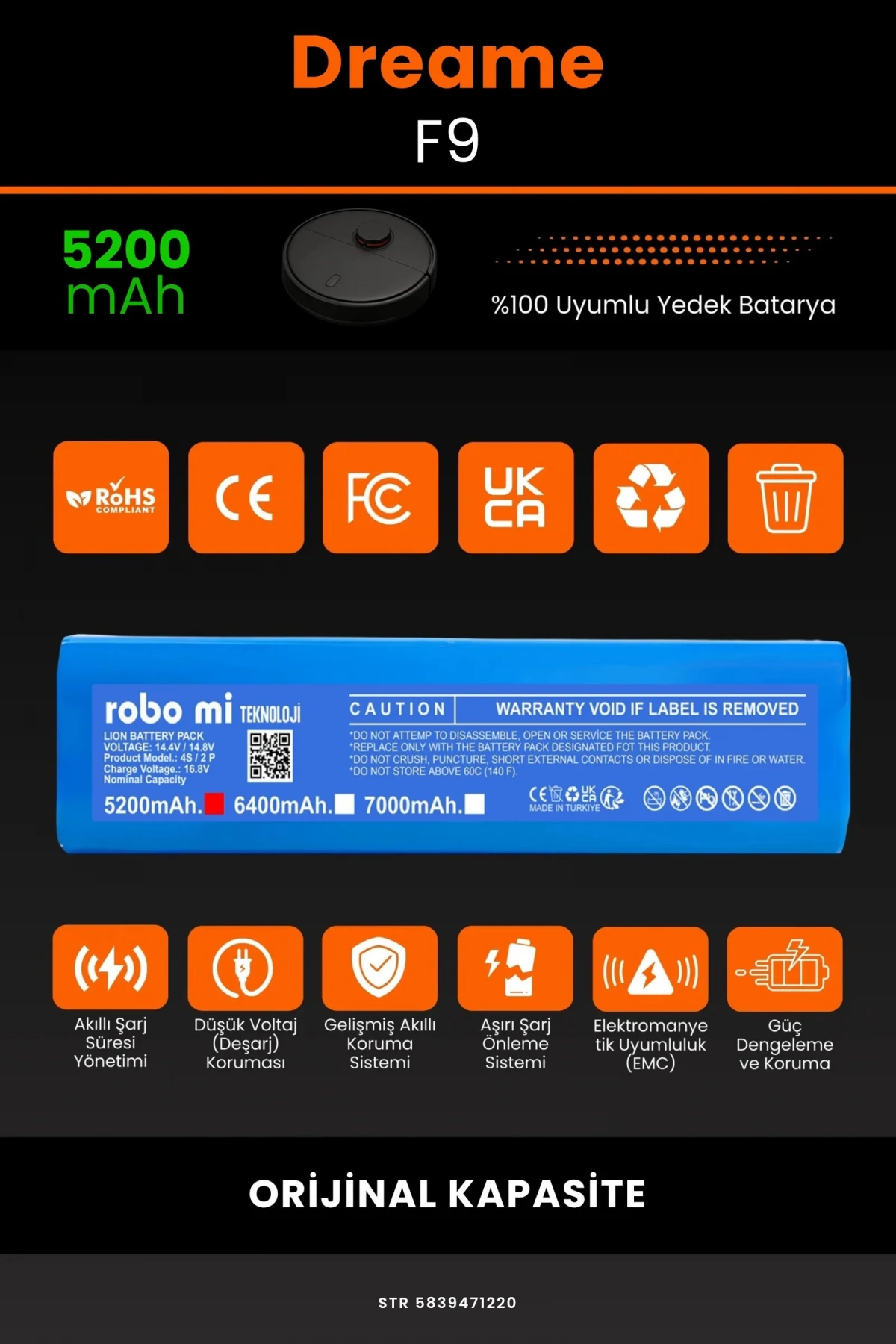 Dreame F9 Vacuum Mop 5200mAh Robot Süpürge Bataryası - Gerçek Kapasite, Maksimum Güvenlik