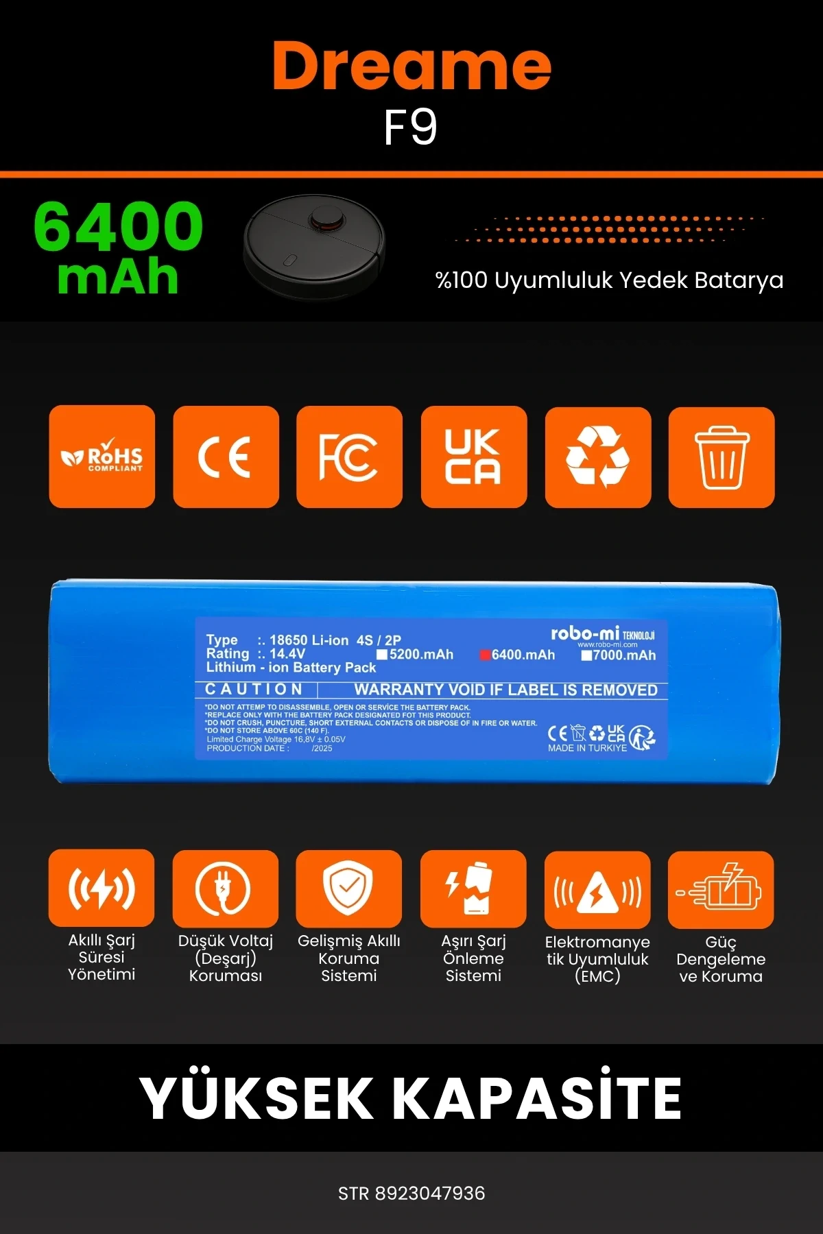 Dreame F9 Vacuum Mop 6400mAh Robot Süpürge Bataryası - Gerçek Kapasite, Maksimum Güvenlik