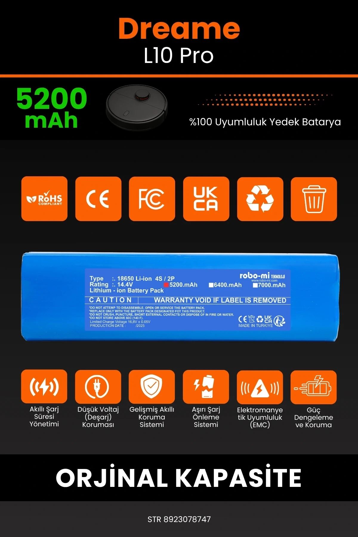 Dreame L10 Pro 5200mAh Robot Süpürge Bataryası - Yüksek Yoğunluklu Li-ion Hücre