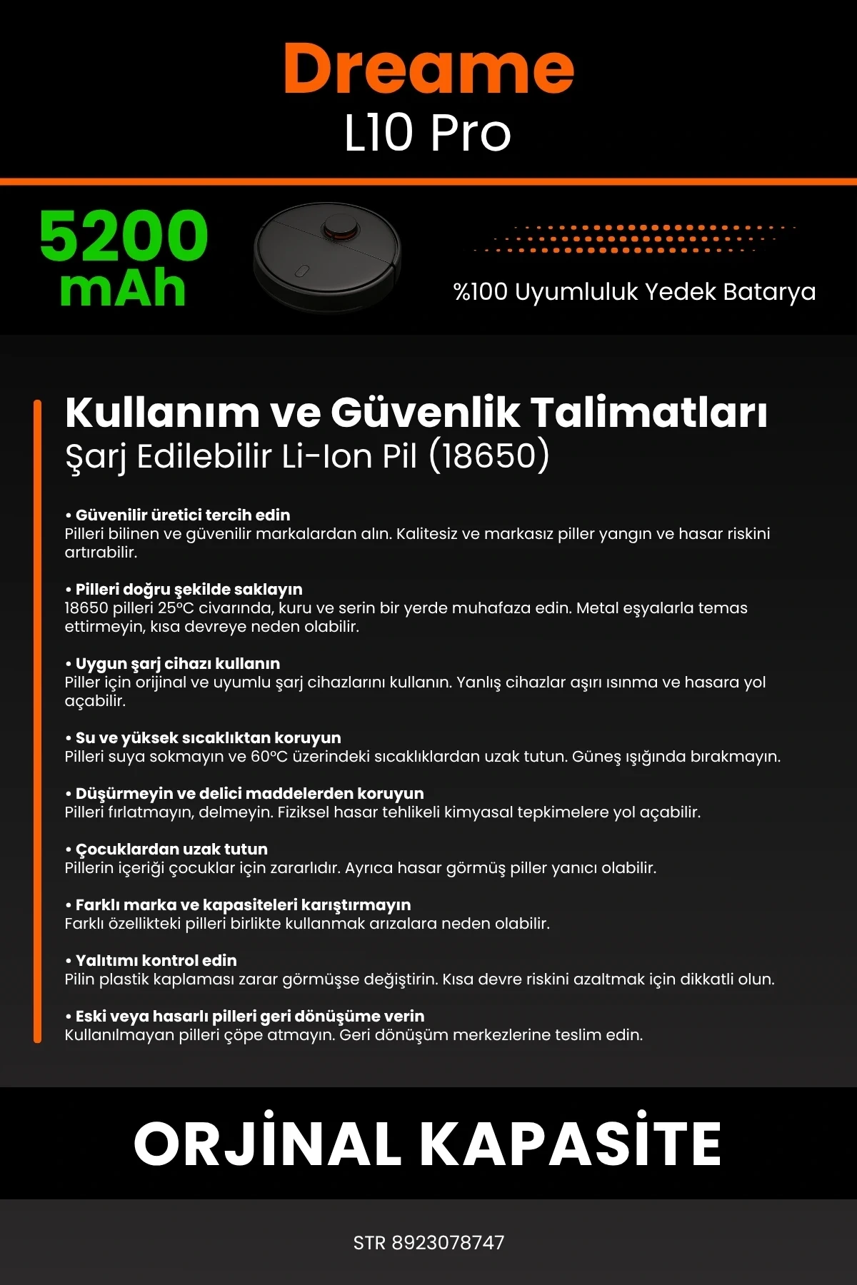 Dreame L10 Pro 5200mAh Robot Süpürge Bataryası - Yüksek Yoğunluklu Li-ion Hücre