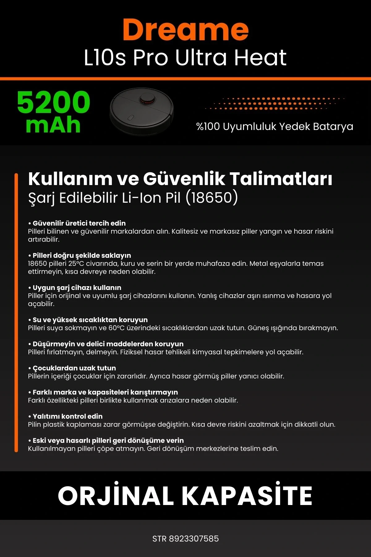 Dreame L10s Pro Ultra Heat 5200mAh Robot Süpürge Bataryası - Yüksek Yoğunluklu Li-ion Hücre