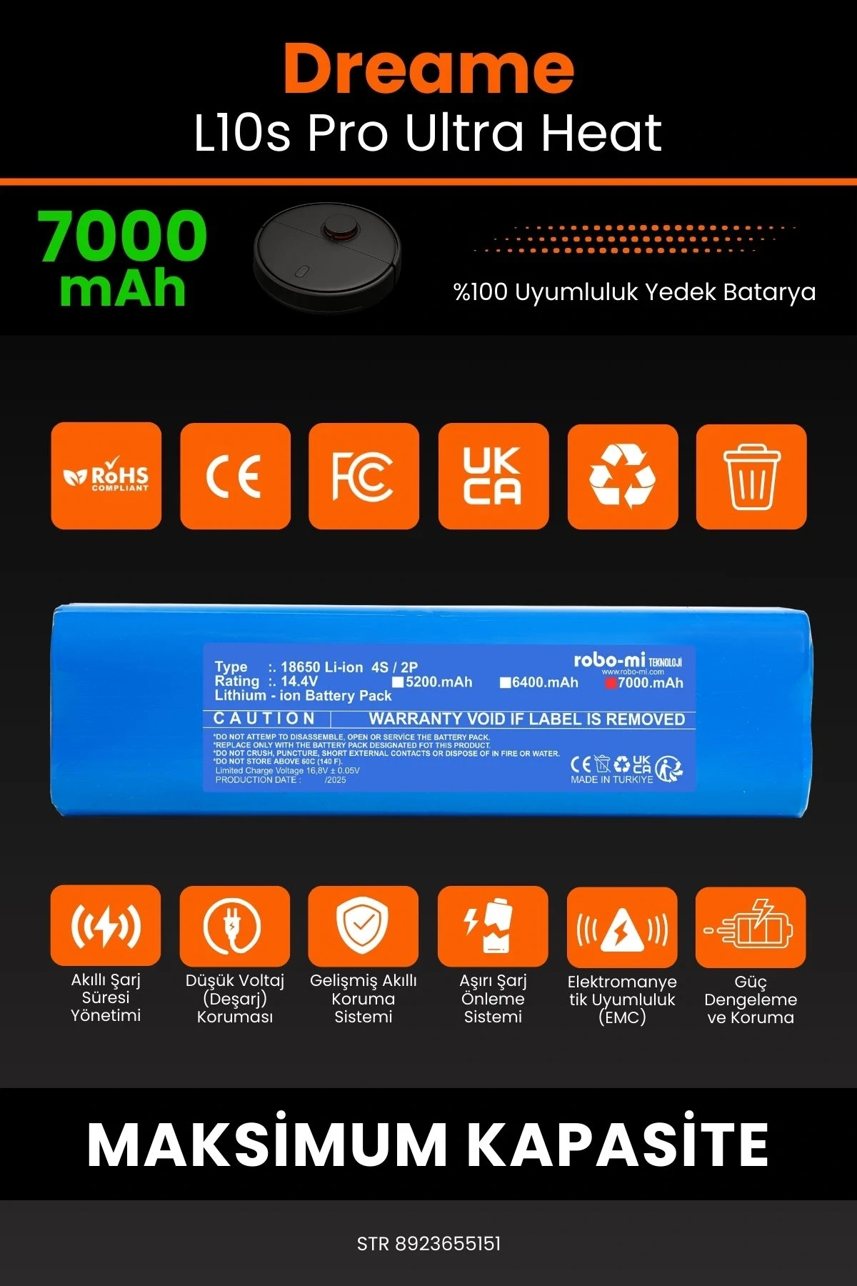 Dreame L10s Pro Ultra Heat 7000mAh Robot Süpürge Bataryası - Yüksek Yoğunluklu Li-ion Hücre