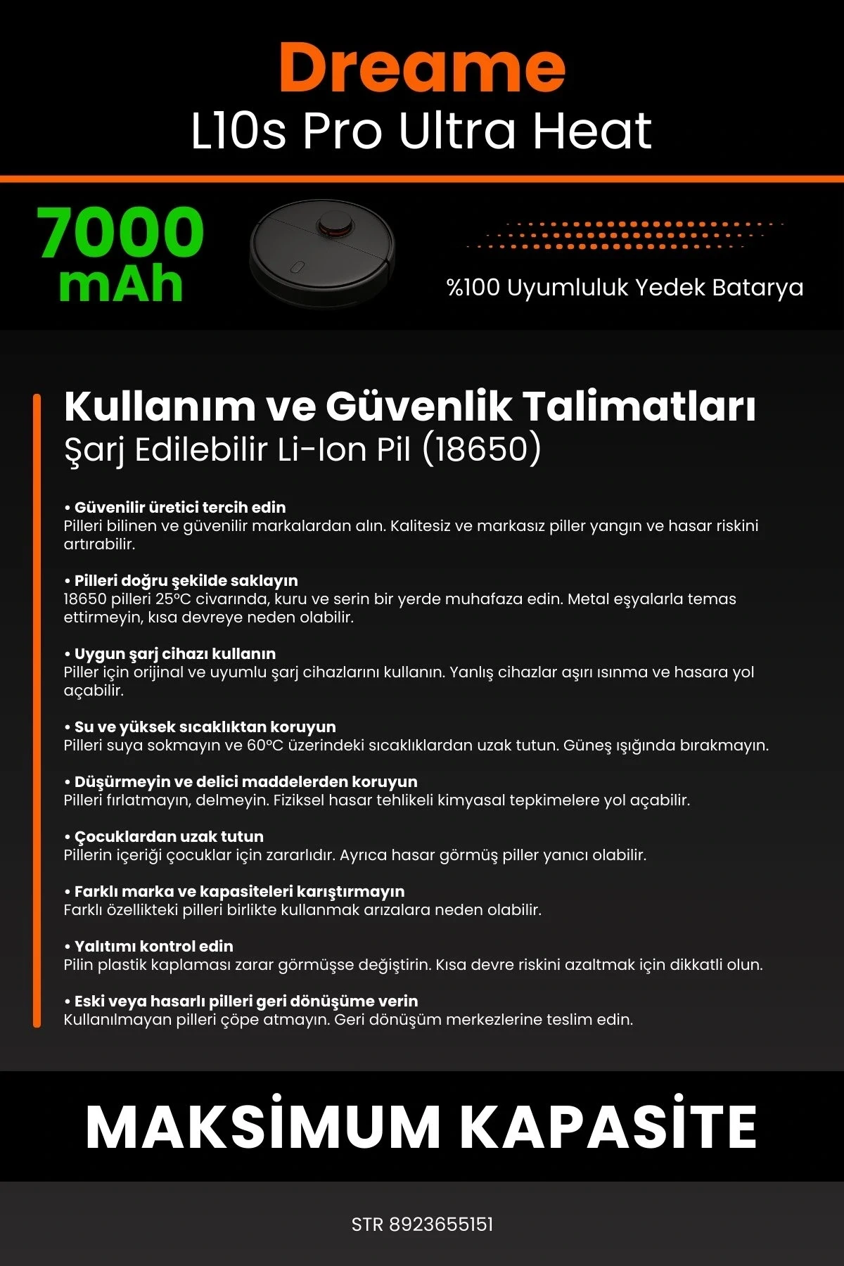 Dreame L10s Pro Ultra Heat 7000mAh Robot Süpürge Bataryası - Yüksek Yoğunluklu Li-ion Hücre