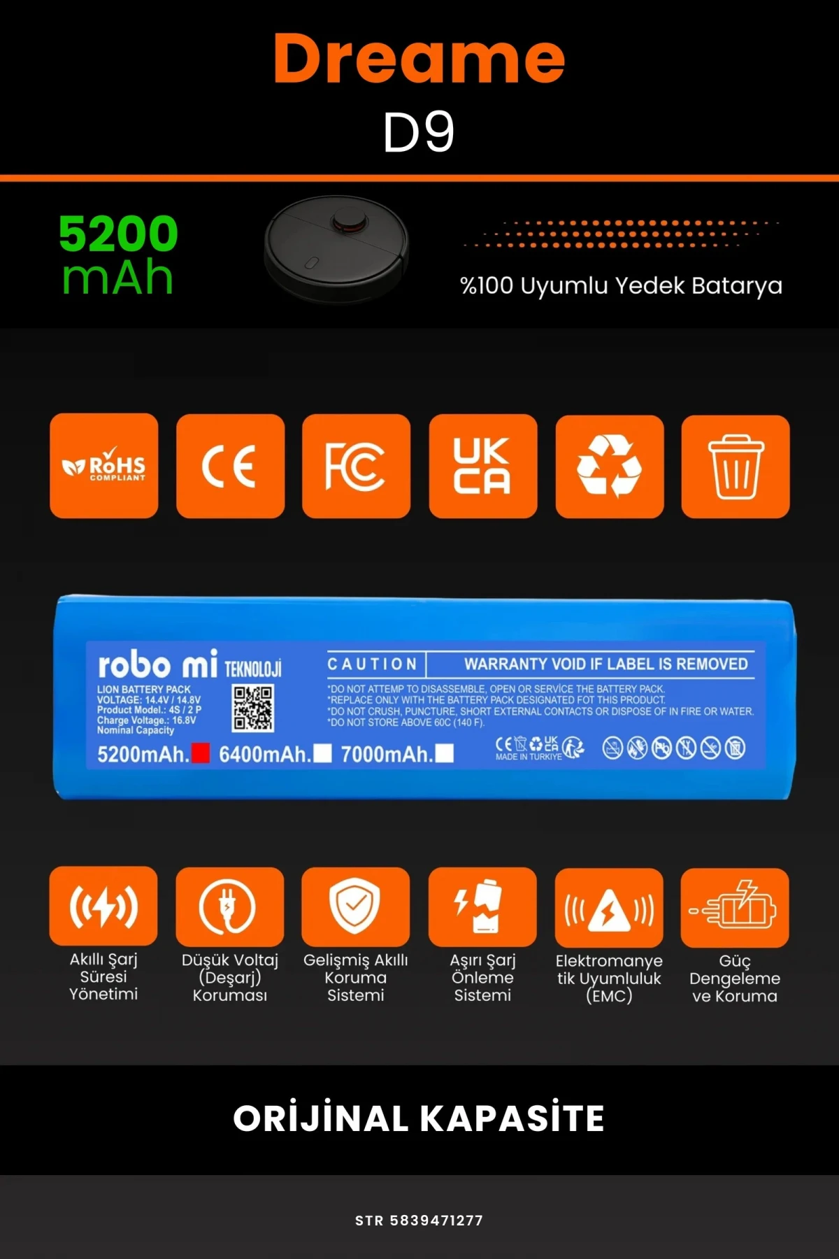 Dreame Vacuum Mop D9 5200mAh Robot Süpürge Bataryası - Gerçek Kapasite, Maksimum Güvenlik