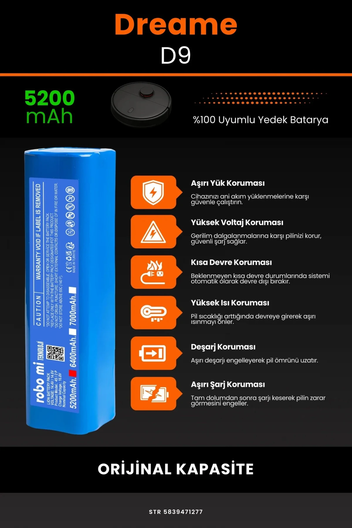 Dreame Vacuum Mop D9 5200mAh Robot Süpürge Bataryası - Gerçek Kapasite, Maksimum Güvenlik