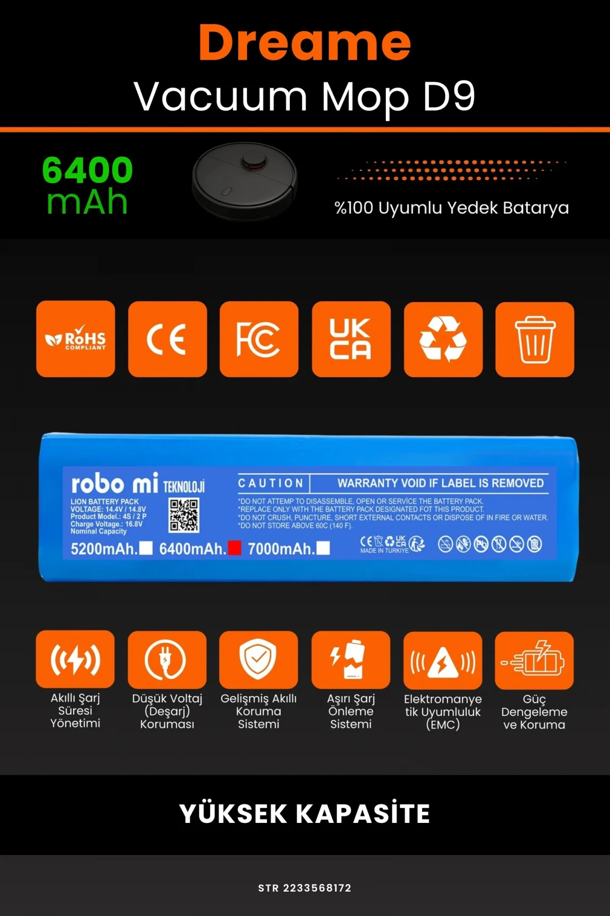 Dreame Vacuum Mop D9 6400mAh Robot Süpürge Bataryası - Gerçek Kapasite, Maksimum Güvenlik