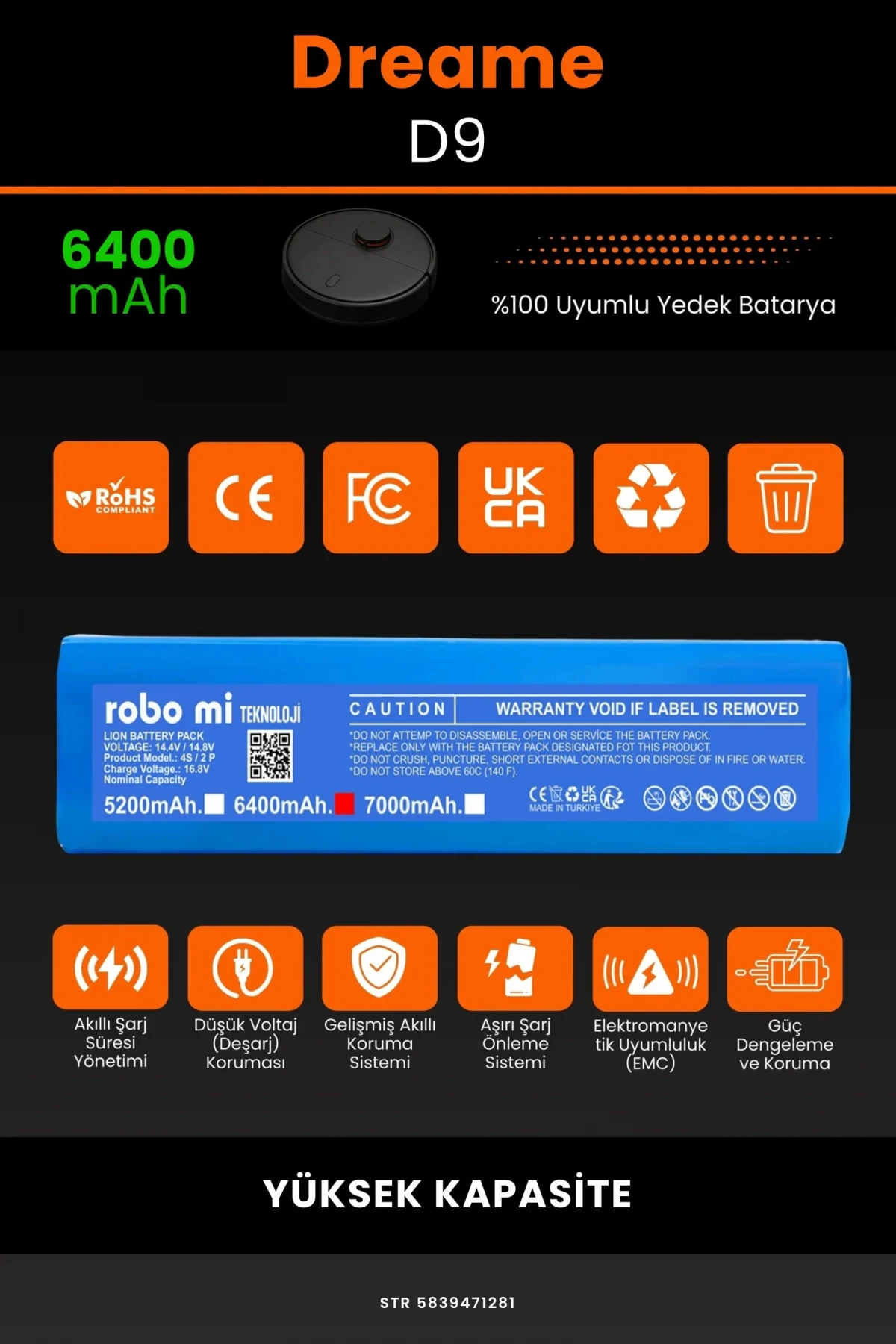 Dreame Vacuum Mop D9 6400mAh Robot Süpürge Bataryası - Gerçek Kapasite, Maksimum Güvenlik